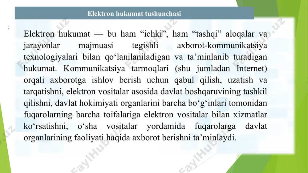 ik sub’ektlari va axoliga davlat xizmatlarini ko‘rsatish qismida davlat tashkilotlarini biznes-jarayonlarni takomillashtirish axborot kommunikatsiya texnologiyalarini rivojlantirish va tadbiq etishning tizimli monitoringi axborot xavfsizligi ta’minlash markazi axborot tizimlari xavfsizligi va davlat organlari resurslarini ta’minlash axborot xavfsizligiga xatarlarni taxlili va tavsifi “elektron xukumat” tizimini axborot xavfsizligini takomillashtirish bo‘yicha qarorlarni ishlab chiqish “elektron hukumat”“ tizimini rivojlantirish markazining maqsad va vazifalari jahon tendensiyalari va xorijiy davlatlar tajribasining tahlil va tadqiqoti asosida “elektron hukumat” tizimini rivojlantirish va takomillashtirishni strategik yo‘nalishlarni ishlab chiqish. “elektron hukumat” tizimi loyihalarini amalga oshirishning me’yoriy-metodik ta’minlanishini tashkil qilish, davlat organlarida foydalanilayotgan axborot tizimlari, axborot resurslari va ma’lumotlar bazalarini ishlab chiqish va integratsiyalashda yagona texnologik yondashuvni ta’minlash. davlat xizmatlarini ko‘rsatish bilan bog‘liq bo‘lgan, innovatsion biznes jarayonlarini boshqarish mexanizmlarini joriy qilish, takomillashtirish va optimizatsiyalash bo‘yicha takliflar tayyorlash, davlat organlarining funksional va operatsion jarayonlari faoliyatini tizimli qayta tashkillashtirish. elektron hukumat” tizimi loyihalarini amalga oshirish doirasida yo‘naltirilgan indikatorlar va ko‘rsatkichlarni aniqlash, interaktiv davlat xizmatlarining samarali …