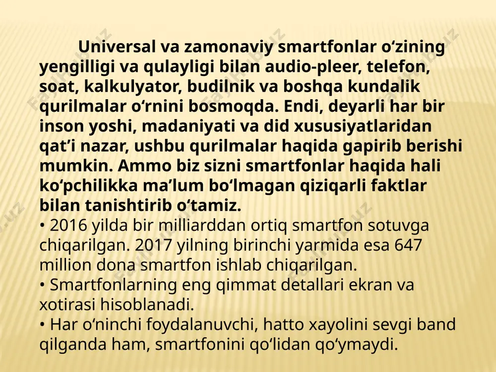 sh, holatni o‘zgartirish san'ati, mahorati, malakasi va metodlar yig‘indisi”(v.m. shepel).56axborot texnologiyalarining maqsadi inson taxlil kilishi uchun axborotni ishlab chiqarish va uning asosida biror bir xatti-harakatni bajarish bo‘yicha qaror qabul qilishdir. axborot texnologiyasi obekt, jarayon yoki hodisa (axborot mahsuloti)ning holati haqidagi yangi sifat axborotini olish uchun ma'lumotlarni to‘plash, qayta ishlash va uzatishning vosita va uslublari jamlanmasidan foydalanuvchi jarayondir. bundan tashqari, axborot texnologiyasining asosiy maqsadi - axborotni saqlash va uzatishni tashkil etish. urush,jaholat,menmanlik, boshboshdoqlik,dinsizlik, qonunbuzarlik,adolatsizlik kommunikatsiya rivoji atmning maqsadlari: atm(axborot ta’lim muhiti) ning maqsadi: shaxsning ijodiy tashabbuskorlik qobiliyatini rivojlantirish asosida ta'lum oluvchilarga bilimlarni mustaqil egallash va ularni sifatli o‘zlashtirish uchun shart – sharoit yaratish hamda o‘qitish natijalarini tahlil qilishni avtomatlashtirishni ta'minlash58. o‘qitishning elektron vositalari. o‘qitish jarayoni pedagog, ta'lim oluvchi va o‘qitish vositalarining o‘zaro ta'siridan iborat. hozirgi zamon kompyuter vositalari va axborot texnologiyalari imkoniyatlari o‘qitish vositalariga o‘qituvchi va ta'lim oluvchi vazifalarining bir qismini yuklash imkonini beradi59.darsni axborot – kommunikatsiya texnologiyalari asosida o‘qitish o‘qituvchi …