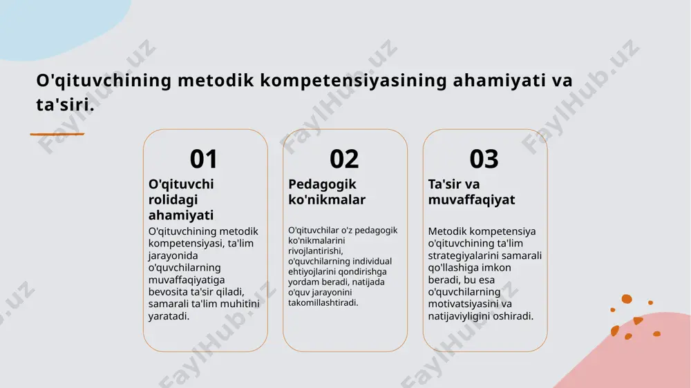 ilar. bu yondashuv, ko'nikmalarni rivojlantirishga yordam beradi. ta'lim uslublarining o'zgarishi va ta'siri: zamonaviy yondashuvlar. ta'lim uslublarining o'zgarishi ta'lim uslublari zamonaviy pedagogik yondashuvlar bilan yangilanmoqda. bu o'zgarishlar o'quvchilarning qiziqishini oshirishga va natijalarni yaxshilashga yordam beradi. innovatsion yondashuvlar o'qitishda innovatsion metodlar, masalan, flipped classroom va blended learning, o'quvchilarga mustaqil fikrlash imkonini beradi va ta'lim jarayonini jonlantiradi. ta'sirchan strategiyalar zamonaviy ta'lim uslublari, masalan, hamkorlikka asoslangan o'qitish va loyihaga asoslangan o'qitish, o'quvchilarning ijodkorlik va muammolarni hal qilish ko'nikmalarini rivojlantiradi. baholash metodlari: o'qituvchilarning tajribasi va samaradorligi. 1 o'qitish va baholash - o'qitish jarayoni baholash bilan chambarchas bog'liq. ta'lim davomida o'qituvchilar talabalar bilimini aniqlash va rivojlantirish strategiyalarini qo'llashadi. 2 baholash metodlari - turli baholash metodlari, masalan, formativ va summativ baholash, o'qituvchilarga talabalarning bilim darajasini aniqlashda yordam beradi, natijalariga asoslanib o'zgartirishlar kiritish imkonini beradi. 3 tajriba va samaradorlik - o'qituvchilarning tajribasi baholash jarayonining samaradorligini oshiradi. amaliyotda qo'llanilgan metodlar, o'quvchilarning muvaffaqiyatiga ta'sir ko'rsatadi va o'qitish strategiyalarini yaxshilashga yordam …