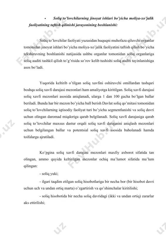 lari lozim. bundan tashqari, mamlakatimizda iqtisodiy barqarorlikni yanada oshirish maqsadida tadbirkorlik sub’ektlari faoliyatini rivojlantirishga qaratilgan chora-tadbirlarning navbatdagi imkoniyatlari sifatida soliq siyosatida quyidagi o’zgarishlarni eslatib o’tamiz, ya’ni 2022 yil 22 avgust kuni o’tkazilgan o’zbekiston respublikasi prezidentining tadbirkorlar bilan ochiq muloqoti doirasida belgilangan ustuvor vazifalar ijrosini ta’minlash, shuningdek, tadbirkorlik sub’ektlari faoliyatiga asossiz aralashuvlarning oldini olish, nazorat qiluvchi organlarning mas’uliyatini oshirish va faoliyati ochiqligini ta’minlash maqsadida, prezidentning 2022 yil 13 sentyabrdagi “tadbirkorlik sub’ektlari faoliyatida tekshiruvlar o’tkazishni muvofiqlashtirish tartibini takomillashtirish chora-tadbirlari to’g’risida”gi qarori qabul qilindi. qaror asosida quyidagi o’zgartirishlar kiritilmoqda: · 2022 yil 1 noyabrdan boshlab tadbirkorlik sub’ektlari faoliyatida o’tkaziladigan barcha tekshiruvlar “yagona davlat nazorati” axborot tizimida ro’yxatga olinadi. bunda tadbirkorlik sub’ektlari faoliyatida mazkur tizimda ro’yxatga olinmagan tekshiruvlarni o’tkazish noqonuniy hisoblanadi. tadbirkorlik sub’ektlari faoliyatida o’tkazilgan tekshiruvlarning natijalari hamda profilaktika tadbirlari to’g’risida ma’lumot tekshiruv yoki profilaktika tadbirlari tugagan kundan boshlab uch kun muddatda “yagona davlat nazorati” axborot tizimiga kiritiladi. · nazorat qiluvchi organlar “xavfni tahlil …