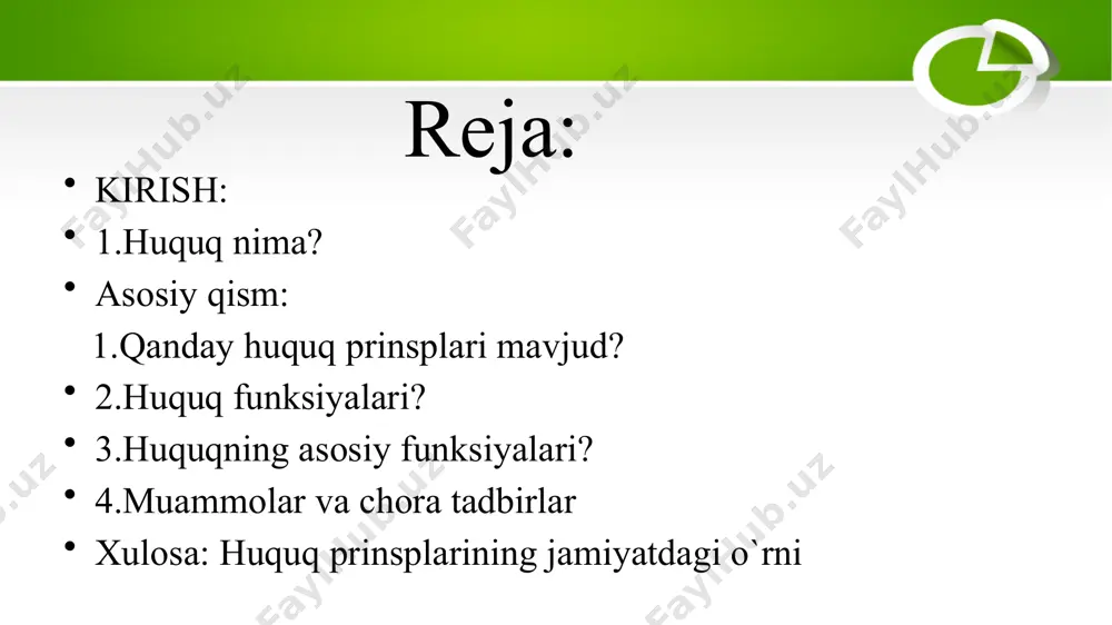 ilish zarur. bu prinsipga ko‘ra, fuqarolar qonuniy ravishda o‘z huquqlarini talab qilishi, sud orqali ularni himoya qilishlari mumkin. erkinlik va huquqni cheklasahning cheklanganligi prinspi har bir shaxsning huquq va erkinliklari qonun bilan himoya qilinadi. ammo bu erkinliklar faqat qonuniy asosda va kerakli vaziyatlarda, masalan, jamoat xavfsizligini ta’minlash, jinoyatni oldini olish yoki boshqa zarur holatlarda cheklanadi. inson o‘z huquq va erkinliklarini amalga oshirishda boshqa shaxslarning, jamiyat hamda davlatning huquqlari, erkinliklari va qonuniy manfaatlariga putur yetkazmasligi shart. o`zbekiston respublikasi konstitutsiyasi 21-modda huquq prinsiplari ta’sir etish doirasiga ko‘ra : umumhuquqiy sohalararo sohaviy umumhuquqiy prinsiplari — bu huquqning barcha sohalarida qo‘llaniladigan va huquqiy tizimning asosiy tamoyillarini tashkil etadigan prinsiplar bo‘lib, ular huquqning umumiy vazifalarini amalga oshirishga xizmat qiladi. umumhuquqiy prinsplar sohalararo prinsplar sohalararo prinsiplari — bu huquqning bir nechta yoki barcha sohalarida qo‘llaniladigan, turli huquqiy tizimlarda umumiy bo‘lgan prinsiplar bo‘lib, ular jamiyatdagi huquqiy tartibni ta'minlashda va har xil huquqiy sohalarning o‘zaro aloqasini tartibga solishda …