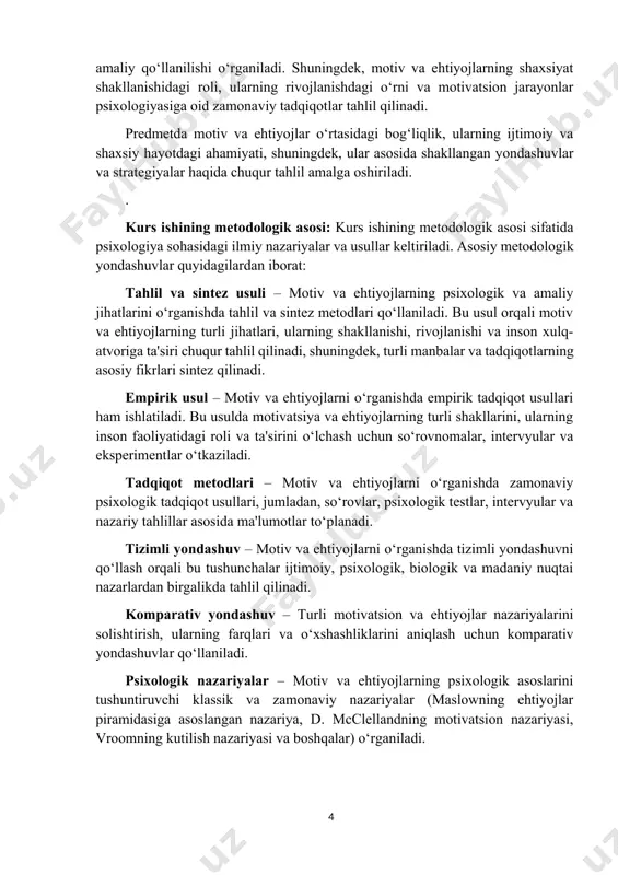 ologik yondashuvlar quyidagilardan iborat: tahlil va sintez usuli – motiv va ehtiyojlarning psixologik va amaliy jihatlarini o‘rganishda tahlil va sintez metodlari qo‘llaniladi. bu usul orqali motiv va ehtiyojlarning turli jihatlari, ularning shakllanishi, rivojlanishi va inson xulq-atvoriga ta'siri chuqur tahlil qilinadi, shuningdek, turli manbalar va tadqiqotlarning asosiy fikrlari sintez qilinadi. empirik usul – motiv va ehtiyojlarni o‘rganishda empirik tadqiqot usullari ham ishlatiladi. bu usulda motivatsiya va ehtiyojlarning turli shakllarini, ularning inson faoliyatidagi roli va ta'sirini o‘lchash uchun so‘rovnomalar, intervyular va eksperimentlar o‘tkaziladi. tadqiqot metodlari – motiv va ehtiyojlarni o‘rganishda zamonaviy psixologik tadqiqot usullari, jumladan, so‘rovlar, psixologik testlar, intervyular va nazariy tahlillar asosida ma'lumotlar to‘planadi. tizimli yondashuv – motiv va ehtiyojlarni o‘rganishda tizimli yondashuvni qo‘llash orqali bu tushunchalar ijtimoiy, psixologik, biologik va madaniy nuqtai nazarlardan birgalikda tahlil qilinadi. komparativ yondashuv – turli motivatsion va ehtiyojlar nazariyalarini solishtirish, ularning farqlari va o‘xshashliklarini aniqlash uchun komparativ yondashuvlar qo‘llaniladi. psixologik nazariyalar – motiv va ehtiyojlarning …