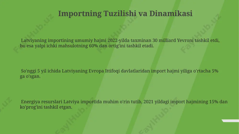 a sezilarli ta'sir ko'rsatdi, 2022 yilning to'rtinchi choragida iste'mol tovarlari narxining o'sishi 20% dan oshdi. iqtisodiy o'sishning prognozlari latviya iqtisodiy o'sishining 2024-yil uchun prognozlari 2,5% atrofida, inflyatsiya esa 2% ga yaqin bo'lishi kutilmoqda, bu esa nisbatan barqaror iqtisodiy o'sishni ko'rsatadi. jahon banki latviyaning 2025-yil uchun yalpi ichki mahsulotining o'sishini 2,8% ga baholaydi, bu esa eksportning o'sishi va ichki iste'molning mustahkamlanishi bilan bog'liq. evropa ittifoqi prognozlari latviya iqtisodiy o'sishining 2024-2025 yillar oralig'ida o'rtacha 2,6% ni tashkil etishini ko'rsatmoqda, bu esa mintaqadagi o'rtacha ko'rsatkichdan biroz yuqori. pul-kredit siyosati latviyaning pul-kredit siyosati latviya banki tomonidan boshqariladi va inflyatsiyani 2% atrofida ushlab turishga qaratilgan bo'lib, bu yevropa markaziy bankining maqsadlariga mos keladi. latviyaning pul-kredit siyosatining samaradorligini baholashda yalpi ichki mahsulot (yaim) o'sish sur'ati, inflyatsiya darajasi va valyuta kursi kabi ko'rsatkichlar tahlil qilinadi. 2023-yilning birinchi choragida latviya banki asosiy stavkani 1,5% ga ko'tardi, bu inflyatsiyaning yuqori darajasiga javoban qilingan qadamdir. davlat qarzi va uning dinamikasi …