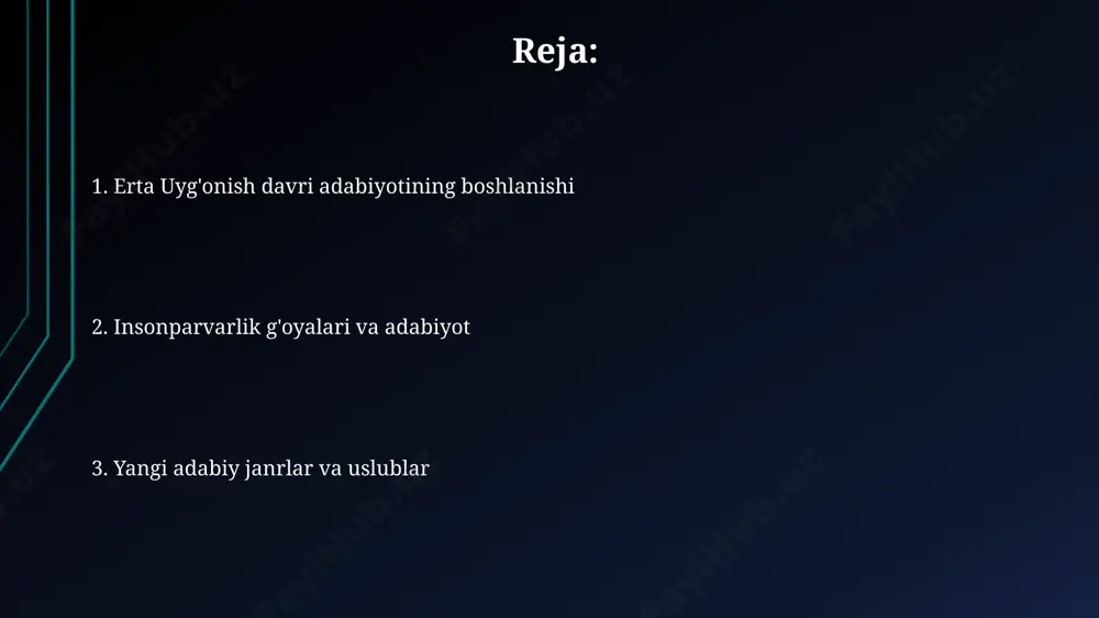 iqishning kuchayishi, ya'ni klassik adabiyot, falsafa va san'at asarlarining qayta kashf etilishi bo'ldi. uyg'onish davrining boshlanishi 14-asr oxiri bilan 15-asr boshlarida, g'arbiy yevropada o'rta asrlarning yakunlanishi va yangi davrning boshlanishi bilan bog'liq holda yuz berdi. 15-asrda kitob chop etish texnologiyasining ixtiro qilinishi uyg'onish davrining tez rivojlanishiga va adabiyotning keng tarqalishiga sezilarli ta'sir ko'rsatdi. til va uslubning o'zgarishlari 15-асрдаги италиялик шоирларнинг сонати ва лирикасида классик адабиётнинг формал элементлари (масалан, антик мифология, классик шеър шакллари) янги мазмун билан бойитилди. ренессанс адабиётида 14-15-асрлардаги ўрта асрларнинг анъанавий услубидан хусусан, реализм ва гуманизм ғояларининг кучайиши билан фарқ қилувчи янги услуб пайдо бўлди. ушбу даврдаги адабий асарларда инсон шахсиятига, унинг ҳислатлари ва тажрибаларига катта эътибор берилди, бу эса классик адабиётдаги худо марказига эмас, инсонга эътибор қаратилганини билдиради. insonparvarlik g'oyalari va adabiyotga ta'siri insonparvarlik g'oyalari, 14-15-asrlar adabiyotida inson qadr-qimmatini yuksaltirishga, individualizm va shaxsiy tajribalarni ifodalashga turtki bo'ldi, klassik adabiyot an'analaridan uzoqlashishga olib keldi. uyg'onish davri adabiyoti, insonparvarlik …