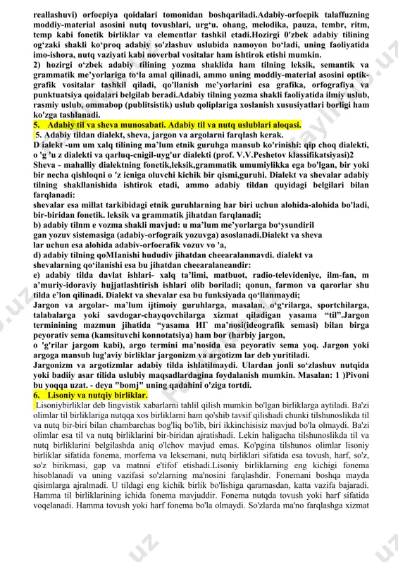 ishga imkoniyat beruvchi muhim (birlamchi) insoniy ijtimoiy-ruhiy kommunikatsiya vositasi. tilda bosh ichki ziddiyat - atash (nominativ) va ifodalash (ekspresiv) vazifalarining dialektik birligi. lison - umis tabiatli lisoniy birliklaming serqirra, ko'p qavatli sathlaridan tashkil topgan barqaror, tashqi muhit ta'siriga o'ta sezgir, o'zgarish, rivojlanish va moslashish immanent qobiliyatini o'z ichida mujassamlashtirgan murakkab qurilishli iyerarxik sistemasidir. lison deyilganda, ma'lum bir jamiyatning barcha a'zolari uchun avvaldan (oldingi avlodlar tomonidan) tayyor holga keltirib qo'yilgan, hamma uchun umumiy va majburiy, fikmi ifodalash va boshqa maqsad uchun xizmat qiladigan birliklar hamda bu birliklarning o'zaro birikish qonuniyatlari yig'indisi tushuniladi. me'yor - lisonning ichki qurilish tizimiga nisbatan tashqi omil bo'lib, lisoniy irnkoniyat - sinonimik qator, lisoniy birliklaming dublet, allovariant va variantlari, sohaviy birliklardan har birining voqelanish o'rni va xususiyatini belgilaydi. nutq - lisonning me'yor elagidan o'tgan muayyan moddiy (yozma, og'zaki, tasviriy/imo-ishora, signal, va h.k.) shakllaridan birida voqelanishidir.grammatik jihatdan me’yorlashtirilgan bo'lishi bilan birga,uning to'g'ri (adabiy) talaffuz m e’yorlariga mos bo'lishini …