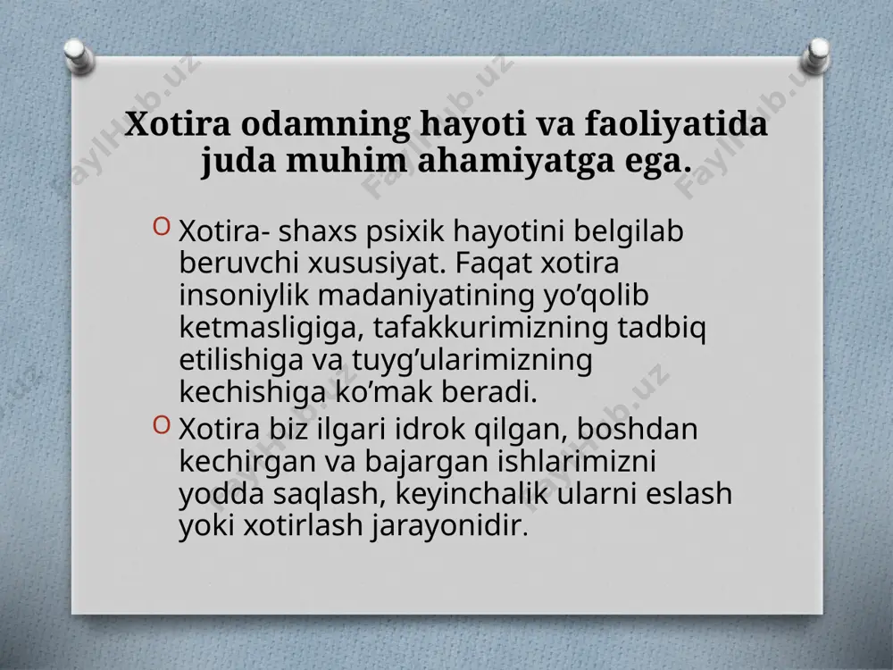 slashda ifodalanadi. uzoq muddatli xotira-materialni chegaralamagan vaqt oralig’ida va axborotni chegaralanmagan hajmda ushlab qolish xususiyatiga ega bo’lgan xotira turlaaridan biri. operativ xotira- ma’lum faoliyatni bajarishda namoyon bo’ladigan, shu faoliyatga qisqa muddatli va uzoq muddatli xotiradan kelayotgan axborotni saqlashga binoan xizmat ko’rsatuvchi joriy faoliyatni bajarish uchun zarur bo’lgan xotira turi. mantiqiy xotira- yod olinishi zarur bo’lgan materialdagi mantiqiy aloqalarni o’rnatish va tushunishga asoslangan xotira turi demak yaxshi va kuchli bilimlarga ega bo’lish uchun har bir fan yoki predmetlarning mavzularini yoqtirish va xotirada saqlash uslubini ishlab chiqish kerak lekin albatta, matematika fanidan keyin fizikani, tarix fanidan keyin adabiyot fanini, she’r yodlashni uyqu oldidan amalga oshirmaslikni maslahat beramiz. xayol haqida tushuncha odam o’z hayoti davomida ilgari idrok qilgan narsa va hodisalarni tasavvur etibgina qolmay, balki hech qachon hayotida uchratmagan narsalarni ham tasavvur eta oladi.boshqacha qilib aytganda, odam faqat ilgari idrok qilgan narsalarinigina eslash bilan cheklanib qolmay, balki shu paytgacha hech qayerda uchratmagan yangi …