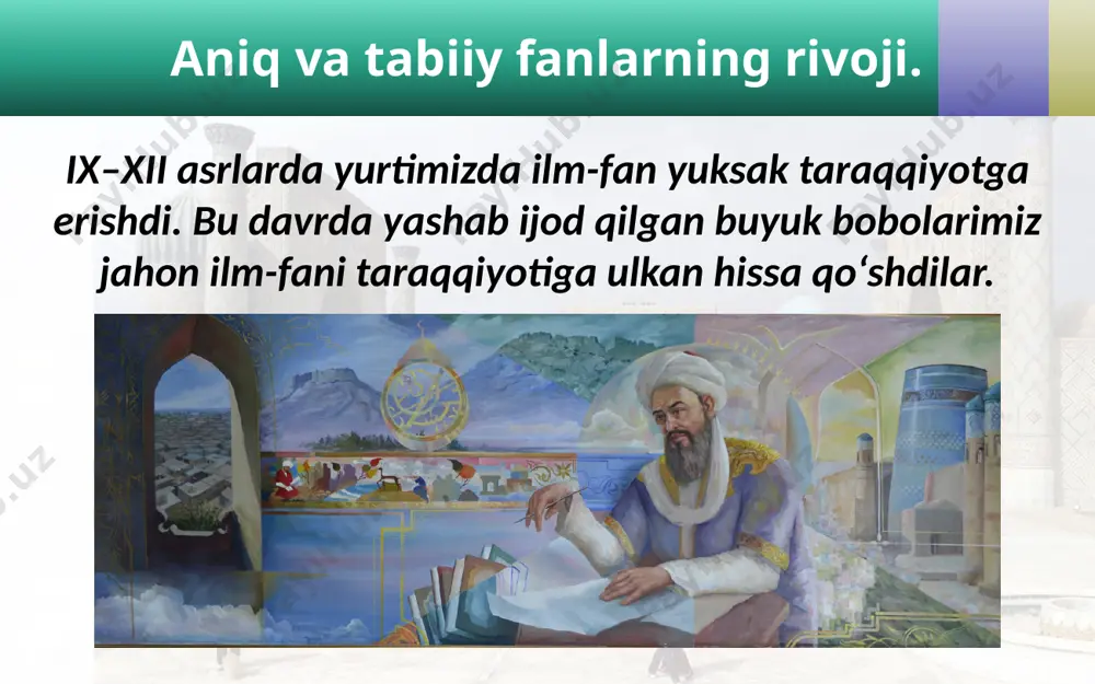 zamonasida shayx ur-rais, ya’ni «olimlar raisi», deb ulug‘langan buyuk alloma abu ali ibn sino 980-yilda buxoro shahri yaqinidagi afshona qishlog‘ida tug‘ildi. abu ali ibn sino ibn sino o‘z davrining barcha bilimlarini puxta egalladi. ibn sino dunyoga, avvalo, buyuk tibbiyot allomasi bo‘lib tanildi. uning tibbiyotga oid mashhur asari «tib qonunlari» deb ataladi. «tib qonunlari» xvii asrgacha yevropa mamlakatlari universitetlarida darslik sifatida xizmat qildi. ibn sinoning nomi yer yuzida hamon mashhurligicha qolmoqda. e'tiboringiz uchun raxmat image1.jpeg image3.jpeg image4.jpeg image5.jpeg image6.jpeg image7.jpeg image8.emf image9.jpeg image10.jpeg image11.jpeg image12.jpeg image13.jpeg image14.jpeg image15.jpeg image16.jpeg image17.jpeg image2.jpeg
