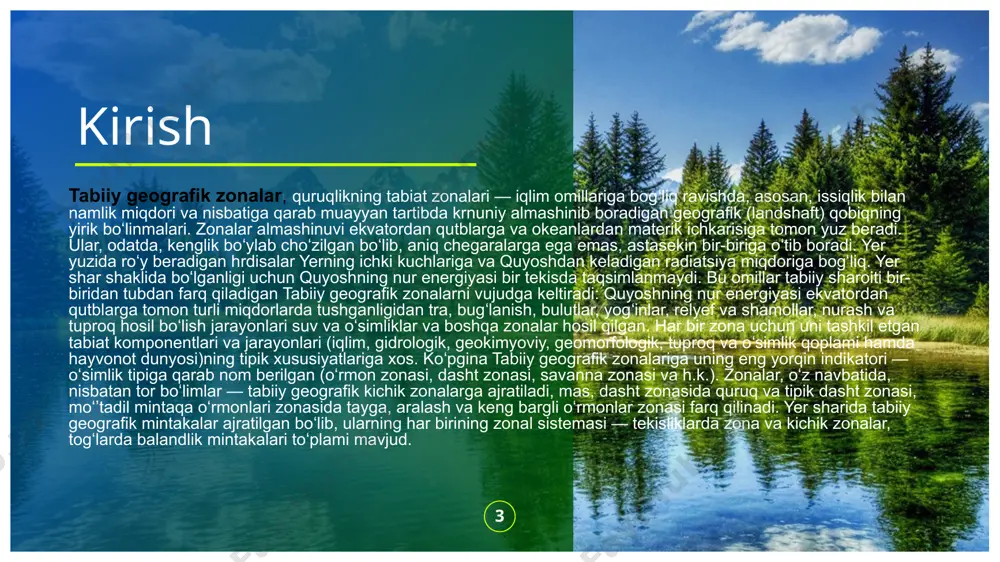 y qismlari kiradi. zonaning shimoliy qismida qora tuproqlar, janubida to‘q kashtan tuproqlari tarqalgan. dasht o‘simliklari, asosan, pakana qiyoq, chalov, betaga, zig‘ir, yo‘ng‘ichqa, ayiqtovon, yaltirbosh va boshqalardan iborat. hayvonlardan kemiruvchilar ko‘proq tarqalgan. dasht zonasi hozirgi paytda deyarli to‘liq haydab yuborilgan va ekinzorlarga aylantirilgan. dasht zonasi 7 dasht, cho’l, chalacho’l zonalarida tarqalgan bazi hayvonlar chalacho‘l va cho‘l zonalari chalacho‘l zonasiga òo‘rg‘ay supasimon o‘lkasining janubiy qismi, qozog‘iston past tog‘larining juda katta janubiy qismi kiradi. havo harorati yozda yuqori, namlik yetishmaydi, qishi qattiq. asosan, kashtan tuproqlar tarqalgan, qatlami yupqa, chirindi miqdori qora tuproqqa nisbatan kamroq. dehqonchilikka nam yetishmasligi xalaqit beradi. ayrim joylarda tuproq sho‘rlangan. asosiy o‘simliklari burgan, qora shuvoq, ko‘kpek. 8 8 9 cho‘l zonasiga òuron tekisligi va balxashbo‘yi tekisliklari kiradi. o‘rta osiyoda, asosan, qumli, toshli, gilli cho‘llar tarqalgan. cho‘llarning hosil bo‘lishiga asosiy sabab haroratning yuqoriligi, yog‘in miqdorining kamligi, oqar suvlarning yo‘qligi. o‘simlik qoplami siyrak, massasi kam, tezda qovjirab qoladi va chirindi hosil bo‘lmaydi. …