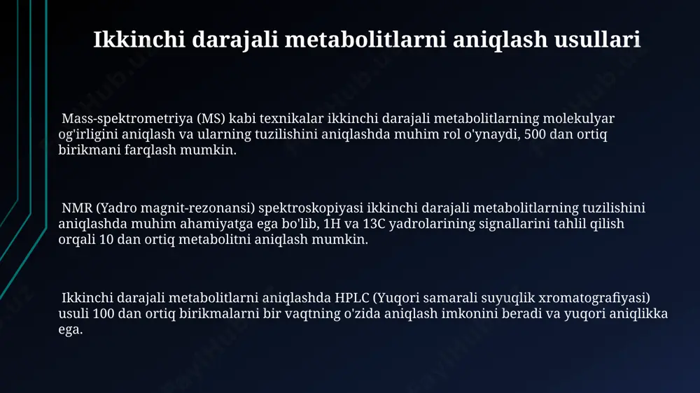 aqlashdagi muhim rolini tasdiqlaydi. xuloza, o'simliklarda 100 dan ortiq turdagi ikkilamchi metabolitlar guruhiga kiradi va ularning tarkibiy tuzilishi va funksiyalari jihatidan katta xilma-xillikni namoyon etadi. ba'zi xuloza turlari fotosintez jarayonida hosil bo'ladigan karbon va azotni o'simlik to'qimalarida saqlashda ishtirok etadi, bu jarayon 5-10 kun davom etadi. ikkinchi darajali metabolitlarning qishloq xo'jaligidagi ahamiyati ikkinchi darajali metabolitlar boy o'simliklarning tuproq unumdorligini 15-20% ga oshirishga yordam beradigan azot fiksatsiyasi jarayonlariga ijobiy ta'siri mavjud. ba'zi ikkinchi darajali metabolitlar, xususan fitoaleksinlar, o'simliklarning patogenlarga qarshi himoyalanishida muhim rol o'ynab, 5-10 kun ichida infektsiyani bostirishi mumkin. ikkinchi darajali metabolitlar, masalan, alkaloidlar, o'simliklarning zararkunandalarga va kasalliklarga chidamliligini 20-30% ga oshirishi mumkin, bu esa kimyoviy himoya vositalariga bo'lgan ehtiyojni kamaytiradi. ikkinchi darajali azotni saqlovchi metabolitlarning ta'rifi ikkinchi darajali azotni saqlovchi metabolitlar, o'simliklarning ortiqcha azotni 10 dan ortiq turli birikmalar shaklida, masalan, alkaloidlar va aminokislotalar holida saqlashini ta'minlaydigan murakkab organik molekulalardir. ushbu metabolitlarning sintez jarayoni fermentlar tomonidan boshqariladi va o'simlikning …