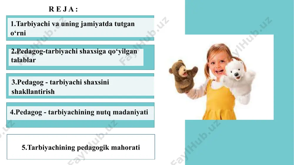 tda tutgan o‘rni naqadar yuksakligidan dalolat beradi. yosh avlodni barkamol qilib tarbiyalashda erishgan yutuqlari uchun, pedagog ishidagi ijodiy mehnatlari uchun, ilg‘or tajribalarni umumlashtirishda erishgan yutuqlari uchun o‘qituvchi, tarbiyachilar “metodist o‘qituvchi”, “katta o‘qituvchi”, “metodist-tarbiyachi”, “xalq maorifi a’lochisi” va shu kabi sharafli unvonlar bilan taqdirlanadilar. maktabgacha ta’lim xodimlari orasidan respublika bo‘yicha deputatlar saylanishi ham ularga bo‘lgan chuqur hurmat-ehtiromni bildiradi. o‘zbekiston respublikasining prezidenti sh.m.mirziyoyev tashabbusi bilan jumhuriyatimizda pedagog xodimlarning oylik maoshlari yildan yilga oshirilib, turmush sharoitlari yaxshilanib kelinmoqda. pedagog xodimlar malakasini oshirish ilmiy-metodik markazlari kengaytirilmoqda, ularning siyosiy tayyorgarligiga talab kuchaytirilmoqda, har 4-5 yilda qayta tayyorlashdan o‘tishlari uchun shart-sharoitlar yaratilmoqda. 2. pedagog-tarbiyachi shaxsiga qo‘yilgan talablar har qanday jamiyatda barkamol avlodni tarbiyalash, voyaga yetkazish va uni ma’lum bir kasbga yo‘naltirish og‘ir va mashaqqatli mehnat evaziga amalga oshiriladi. bu mashaqqatli mehnat uzluksiz ta’lim va tarbiyaviy faoliyatning mahsulidir. mamlakatimiz birinchi prezidenti i.a.karimov “yuksak ma’naviyat – yengilmas kuch” asarida o‘qituvchining kasbiy faoliyatiga shunday ta’rif beradi: “barchamizga ayonki, inson …