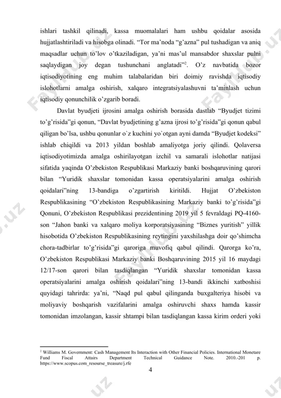 larida hisob ishlarini tashkil etishda o`z navbatida xato va kamchiliklarni chetlab o`tishda dasturilamal bo`lib hizmat qiladi. xususan, byudjet tashkilotlarida kassa muomalalari hisobini tashkil etishda ham. davlat sektorining ajralmas bo`g`ini hisoblangan byudjet tashkilotlari naqd pulsiz hisob-kitob qilish bilan birga naqd pul bilan ham ish jarayonlarini amalga oshiradilar. naqd pulli jarayonlarga xodimlarga ish haqi berish, hisobdor shaxslarga bo’naklar, mukofotlar ajratish va boshqalar kiradi. muassasalarda naqd pul bilan bo’ladigan jarayonlarga kassa jarayonlari deyiladi. zero, “barcha yuridik shaxslar, mulkchilik shaklidan qat’iy nazar, o’zlarining pul mablag’larini bank muassasalarida saqlanishlari shart”[footnoteref:4] byudjet tashkilotlari ham shular jumlasidandir. [4: o’zbekiston respublikasi markaziy banki boshqaruvi tomonidan (2015 yil 16 maydagi 12/17-son qarori) tasdiqlangan hamda 2015 yil 21 iyunda yangi tahrirda o’zbekiston respublikasi adliya vazirligida 2786-son bilan ro’yxatga olingan “yuridik shaxslar tomonidan kassa operatsiyalarini yuritish qoidalari”ining 1.1 - bandi. www.lex.uz ] yuqorida ta`kidlangan fikrlardan kelib chiqib aytish mumkinki, normativ-huquqiy bazaning yangilanishi yuzasidan buxgalteriya hisobi borasida ya’ni, byudjet tashkilotlarida kassa muomalalari …