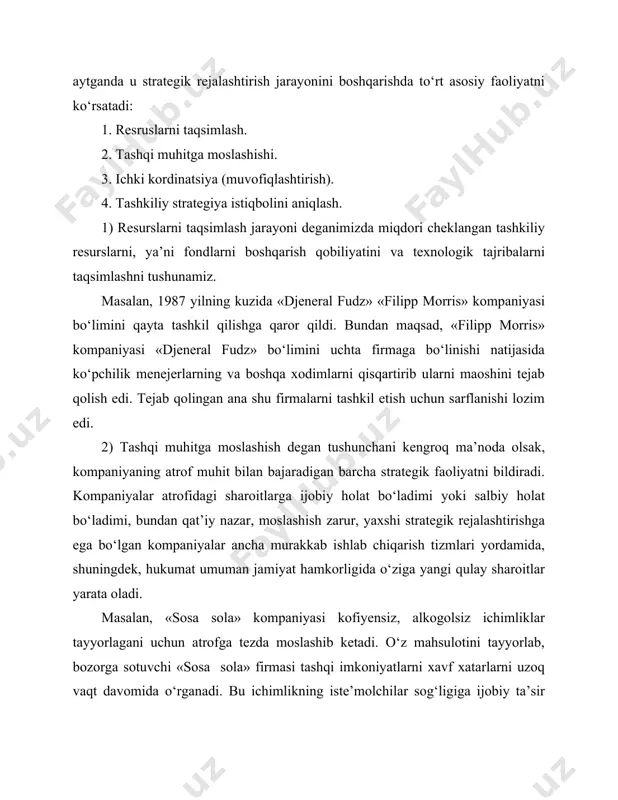 shkil etish uchun sarflanishi lozim edi. 2) tashqi muhitga moslashish degan tushunchani kengroq ma’noda olsak, kompaniyaning atrof muhit bilan bajaradigan barcha strategik faoliyatni bildiradi. kompaniyalar atrofidagi sharoitlarga ijobiy holat bo‘ladimi yoki salbiy holat bo‘ladimi, bundan qat’iy nazar, moslashish zarur, yaxshi strategik rejalashtirishga ega bo‘lgan kompaniyalar ancha murakkab ishlab chiqarish tizmlari yordamida, shuningdek, hukumat umuman jamiyat hamkorligida o‘ziga yangi qulay sharoitlar yarata oladi. masalan, «sosa sola» kompaniyasi kofiyensiz, alkogolsiz ichimliklar tayyorlagani uchun atrofga tezda moslashib ketadi. o‘z mahsulotini tayyorlab, bozorga sotuvchi «sosa sola» firmasi tashqi imkoniyatlarni xavf xatarlarni uzoq vaqt davomida o‘rganadi. bu ichimlikning iste’molchilar sog‘ligiga ijobiy ta’sir ko‘rsatagni uchun bemalol sotib olishadi. «arsi-100», «pepsi» kompaniyalarida ham mana shunday ichimliklar tayyorlashadi. har bir inson o‘zining odatlariga ko‘nikib ketishi tabiiydir. bu xususiyat ayrim tadbirkorlarga uchrab turadi. buning sababi o‘zining tovarlarini yoki xizmatlarini eng yaxshi sifatli, deb his qiladi va tovarini takomillashtirishni xohlamaydilar. ayrim mijozlar yoki xaridorlar ham iste’mol qilayotgan tovarlarga (kamchilik bo‘lsa …