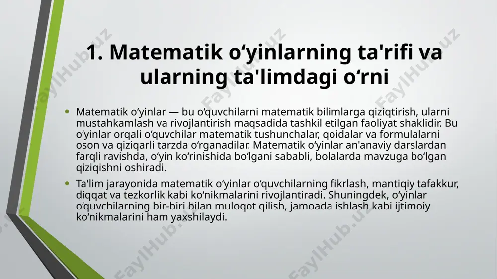 interaktiv qiladi, fikrlash va ijodkorlik ko‘nikmalarini shakllantiradi. ta'limda matematik o‘yinlarni keng qo‘llash o‘quvchilarning muvaffaqiyatiga ijobiy ta'sir ko‘rsatadi va o‘rganish jarayonini yengillashtiradi. foydalanilgan adabiyotlar: рахимов, ф.ф. “matematika va o‘quvchilar uchun o‘yinlar”, toshkent, 2010. polya g., “how to solve it”, princeton university press, 1945. https://mathigon.org/ бобошина л.в., “didaktik o‘yinlar va ularning ta’limdagi o‘rni”, 2015. tashkent state pedagogical university, metodik qo‘llanmalar. /docprops/thumbnail.jpeg
