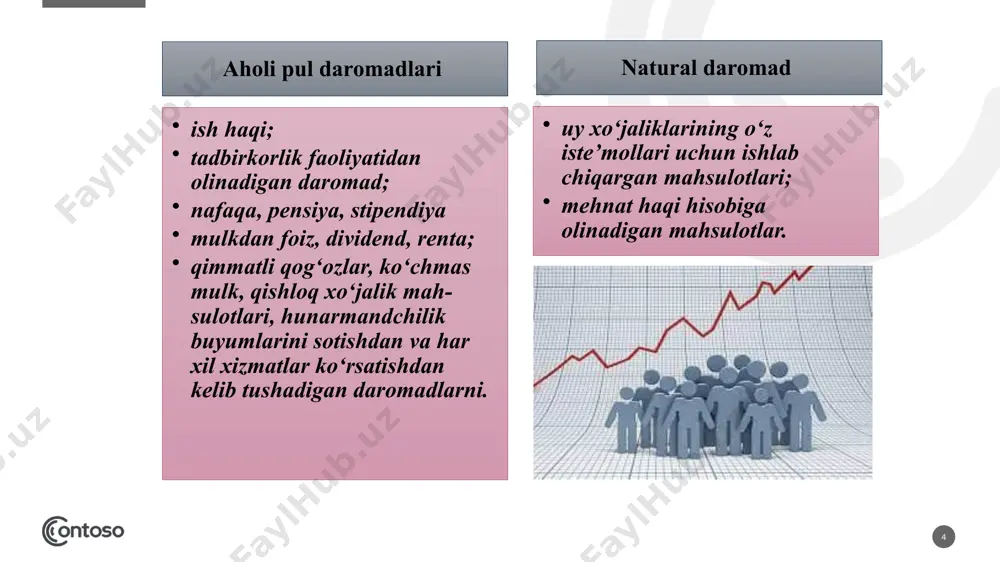 13 : 1 ga, shvetsiyada esa 5,5: 1 ga teng. jini koeffitsenti yalpi daromadning aholi guruhlari o’rtasida taqsimlanishini tavsiflash uchun aholi daromadlari tengsizligi indeksi ko’rsatgichidan foydalanishni ifodalaydi. jini koeffitsenti chizmadagi lorents egri chizig’i bilan mutloq tenglik chizig’i o’rtasidagi yuzaning 0fe uchburchak yuzasiga nisbati orqali aniqlanadi. bu ko’rsatgich qanchalik katta bo’lsa, (ya’ni 1,0 ga yaqinlashsa) tengsizlik shuncha kuchli bo’ladi. jamiyat a’zolari daromadlari tenglashib borganda bu ko’rsatgich 0 (nol) ga intiladi. masalan, keyingi yarim asr davomida jini indeksi buyuk britaniyada 0,39 dan 0,35 ga qadar, aqsh da esa 0,38 dan 0,34 ga qadar pasaygan. 24 2-rasm. daromadlar darajasi bo‘yicha 2000-2015-yillarda o‘zbekiston respublikasi aholisining tabaqalanishi (eng ko‘p va eng kam daromad oladiganlar nisbati - me’yor-10 barobar) 25 4-rasm. 1991 - 2015-yillarda o‘zbekiston respublikasida jini koeffisenti dinamikasi 26 davlatning ijtimoiy siyosati bu tegishli markazlashgan daromadlarni tabaqalashgan soliq solish yo‘li bilan shakllantirish va uni byudjet orqali aholi turli guruhlari o‘rtasida qayta taqsimlashga qaratilgan, ya’ni davlatning …