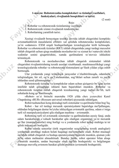 robototexnika komplekslari va tizimlari — DOCX