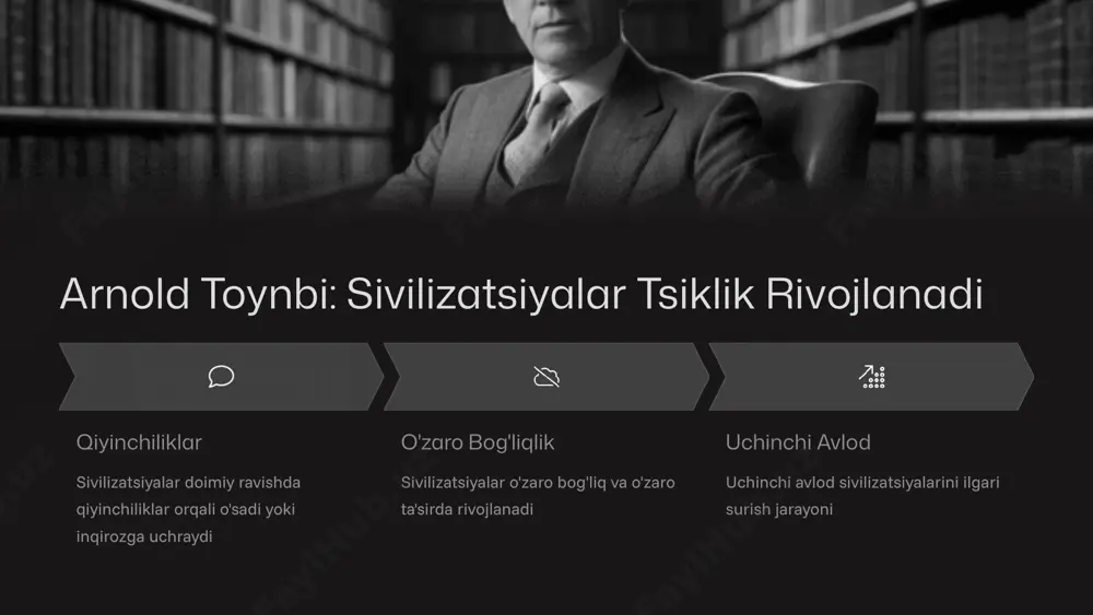 ng asosiy va uzluksiz jarayonidir sivilizatsion yondashuvning afzalliklari 3x kengroq formatsion yondashuvga qaraganda uch marta kengroq qamrov 100% tizimli to'liq tizimli yondashuv va metodologik boyitish 360° har tomonlama ijtimoiy va madaniy jarayonlarni har tomonlama tushunish a. asqarovning ta'kidlashicha, sivilizatsiya yondashuvi ijtimoiy fanlar metodologiyasini sezilarli darajada boyitadi va yangi imkoniyatlar ochadi. xulosa: nazariyalarning o'zaro bog'liqligi to'ldiruvchi qarashlar toynbi, asqarov, sagdullaev va rtveladze fikrlari bir-birini to'ldiradi murakkab hodisa sivilizatsiya – murakkab, ko'p qirrali ijtimoiy hodisa muloqot muhimligi zamonaviy dunyoda sivilizatsiyalararo muloqot zaruriyati o'zaro tushunish sivilizatsiyalar o'rtasida tushunish va hamkorlik bu olimlarning qarashlarini birgalikda o'rganish sivilizatsiya fenomenini chuqurroq tushunishga va zamonaviy global muammolarni yechishga yordam beradi. e'tiboringiz uchun rahmat image1.png image2.png image3.png image4.png image5.png image6.png image7.png image8.png image9.png image10.png image11.png image12.png image13.png image14.png image15.png image16.png image17.png image18.png image19.png image20.png image21.png image22.png image23.png image24.png image25.png image26.png image27.png image28.png image29.png image30.png image31.png image32.png image33.png image34.png image35.png image36.png image37.png image38.png image39.png image40.png image41.png image42.png image43.png image44.png …
