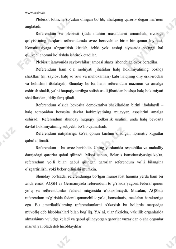 vosita halqqa ham tegishliligini bildiradi. ovoz berish davlat majlisi (parlament) tomonidan tayinlanadi. prezident tashabbuskorlik huquqiga ega. shuningdek, bunday huquqqa ministrlar kengashi (hukumat), davlat majlisining 50 tadan kam bo`lmagan deputatlari va 50000 tadan kam bo`lmagan saylovchilar egalar. tashabbuskor davlat majlisining rahbariga masalaning shakli bo`yicha taklifni taqdim qiladi. davlat majlisi 2/3 qism ovoz bilan ular qabul qilinadi (yoki rad etiladi), masala ijobiy hal etilganda referendum formulasi va uni o`tkazish sanasi o`sha qarorda aks ettiriladi. qabul qilingan sanadan so`ng 3 oydan kechiktirmay referendum o`tkaziladi. jamiyat munosabatlarini tartibga solishdagi referendumning roli uning asosiy ijtimoiy funksiyalarida ko`rinadi: birinchi navbatda shuni hisobga olish kerakki, referendum halq suverenitetini amalga oshirish va hokimiyat qarorlarini qonuniylashtirishning dastagi bo`lib hisoblanadi.referendum orqali qaror yoki qonun qabul qilish amalga oshiriladi. buning ma`lum bosqichi konsultativ referendumda o`tkaziladi. shu sababli uning natijalari davlat organlari tomonidan ko`rib, o`rganib chiqiladi. referendum jamiyat fikrini shakllantirish usuli ham hisoblanadi. referendumning yana bir ijtimoiy funksiyasi, demokratik jamiyatda davlat organlari …