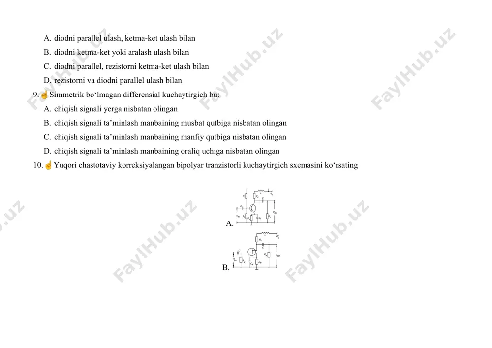 ligi, chuqurligi b.davri, amplitudasi, davomiyligi, chuqurligi c.davri, davomiyligi, chuqurligi d.davri, chastotasi, davomiyligi 108.☝️quyidagi sxemada qanday qurilma tasvirlangan? a. diodli kalit va uning qarshiligining o’zgarish diagrammasi b. diodli kalit va uning uzatish tavsifnomasi c. tiristorli kalit va uning asosiy tavsifnomasi d. stabilitronli kalit va stabilizatsiya tavsifnomasi 109.☝️nima uchun umumiy kollektorli kuchaytirgichning sxemasini emitter takrorlagich deb ataladi a. faqat kirish signali faza bo‘yicha takrorlanadi, chiqish signali esa kattaligi bo‘yicha kirish signaliga yaqinroq, b. faqat chiqish signali kattaligi bo‘yicha takrorlanadi c. faqat chiqish signali faza bo‘yicha takrorlanadi d. chiqish sig-nalining qiymati kirish signaliga yaqinroq, faza bo‘yicha chiqish sig-nali kirish signalini takrorlanadi 110.☝️kuchlanishlar komparatori bu: a. ikkita kuchlanishning tenglik vaqtini belgilovchi qurilma b. tok bilan kuchlanishning tenglik vaqtini belgilovchi qurilma c. ikkita quvvatning tenglik vaqtini belgilovchi qurilma d. ikkita tokning tenglik vaqtini belgilovchi qurilma 111.☝️rl integrallovchi zanjirlar asosiy parametrlari: a. o‘tkazish tavsifnomasi, amplitudali, faza chastotali tavsifnomalar va vaqt doimiysi b. o‘tkazish tavsifnomasi, amplitudali, vaqt …