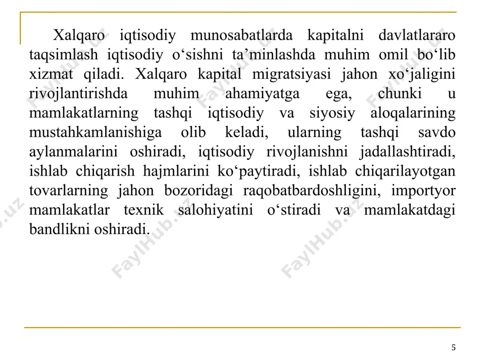 hisoblari tizimidagi ta’riflarga muvofiq, ttxi tarkibiga quyidagilar kiritiladi: - kompaniyalarning o‘z kapitalini xorijga chiqarishi; - to‘g‘ri investor xorijiy korxonadan olgan foydasini uning foydasiga qayta moliyalashtirishi; - kapitalning bosh firma va uning xorijiy korxonalari o‘rtasida ichki korporativ o‘tkazmalari. * xalqaro portfel investitsiyalar qisqa muddatli yuqori foyda olishni maqsad qiladi. bunda investorning qimmatli qog‘ozlar portfeli shakllantiriladi va investor uni boshqarish ya’ni portfelning foydasini maksimallashtirish hamda ushbu portfelning risk darajasini kamaytirish orqali o‘ziga maksimal foydani ta’minlaydi. xalqaro kapital harakatida ssuda kapitali ham ikki xil ko‘rinishda: o‘rta, uzoq muddatli hamda qisqa muddatli xalqaro kapital qo‘yilmalar shaklida namoyon bo‘ladi. xalqaro kapital harakatida ssuda kapitalini qisqa muddatli tashkillashtirish afzal hisoblanadi. * to‘g‘ridan to‘g‘ri va portfel investitsiyalar o‘rtasidagi o‘ziga xos farqlar * belgilar to‘g‘ridan to‘g‘ri xorijiy investitsiyalar portfel investitsiyalar olib chiqishning asosiy maqsadi xorijiy firmani nazorat qilish yuqori foyda olish maqsadga erishish yo‘llari xorijda ishlab chiqarishni tashkil qilish va yuritish xorijiy qimmatli qog‘ozlarni sotib olish maqsadga erishish …