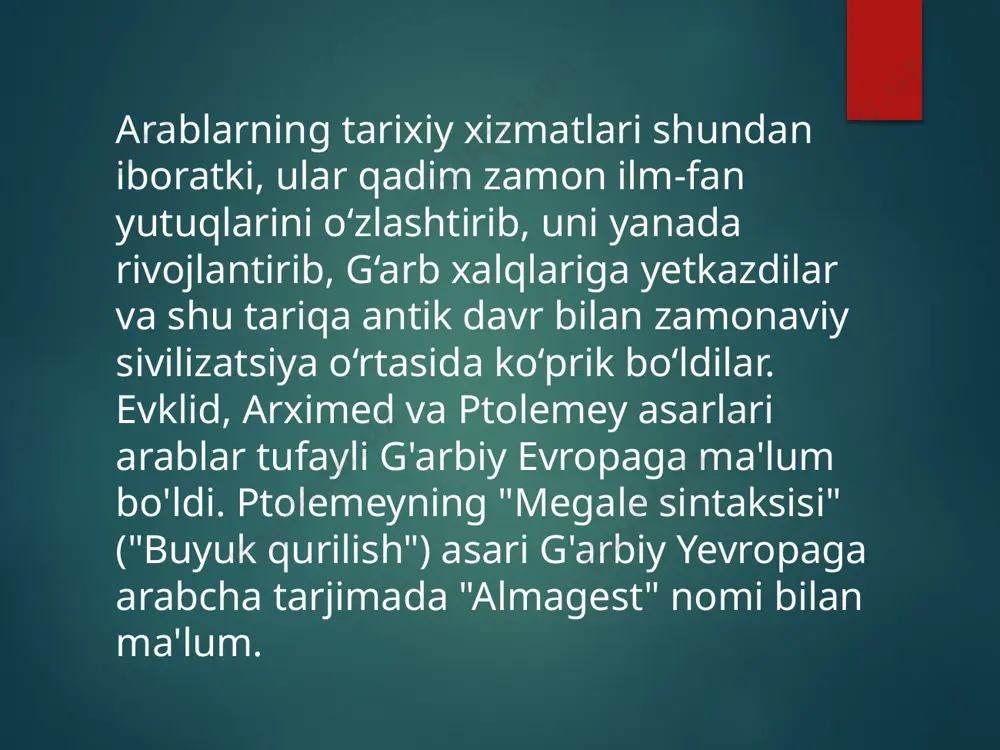 jima eng qadimiy matn bo‘lib qoldi. ma’lumki, qadimgi yunoniston va rimning fani hamda madaniyati tanazzulga uchragan davrdan to islom borguniga qadar evropa ko‘p asrlik zulmat qo‘ynida qolgan edi. islom hadsiz-hisobsiz ilmlarni olib borib, evropa xalqlarini g‘aflat uyqusidan uyg‘otdi. uyg‘onish davrini boshlab berdi. islom tabobati evropaliklarga bemorlarni davolashni, shifoxonalar qurishni o‘rgatdi. ibn sinoning «tib qonunlari» asari yevropa dorilfununlarida 600 yil mobaynida talabalar uchun tabobat bo‘yicha yagona qo‘llanma bo‘lib kelganini butun dunyo e’tirof etadi. islom sivilizatsiyasi bugungi kundagi boshqa sivilizatsiyalar bilan muloqot qila oladimi, degan savol tug‘ilishi tabiiydir. shuni ishonch bilan aytish mumkinki, bunday muloqot to‘laligicha bo‘lish imkoniyatiga ega. bunga sabab sifatida birinchi galda o‘tgan o‘n to‘rt asrlik tarix buning yorqin namunasi bo‘lganini misol qilib keltirsak, ikkinchi o‘rinda islom sivilizatsiyasining xususiyatlari uni boshqa sivilizatsiyalardan aslo uzoqlashtirib qo‘ymasligini aytish zarur. alkimyo“ asoschisi abu miso jobir ibn xayyom (721-815) metallarning paydo boʻlishidagi oltingugurt-simob nazariyasini olgʻa surgan, yaʼni yer qaʼrida quruq bogʻlanishdan oltingugurt („metallar otasi“), …