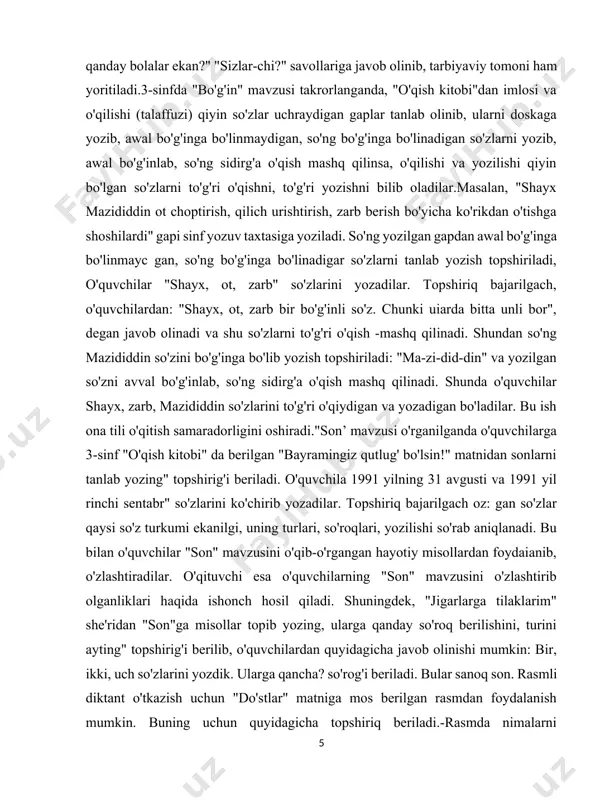 kanilgi, uning turlari, so'roqlari, yozilishi so'rab aniqlanadi. bu bilan o'quvchilar "son" mavzusini o'qib-o'rgangan hayotiy misollardan foydaianib, o'zlashtiradilar. o'qituvchi esa o'quvchilarning "son" mavzusini o'zlashtirib olganliklari haqida ishonch hosil qiladi. shuningdek, "jigarlarga tilaklarim" she'ridan "son"ga misollar topib yozing, ularga qanday so'roq berilishini, turini ayting" topshirig'i berilib, o'quvchilardan quyidagicha javob olinishi mumkin: bir, ikki, uch so'zlarini yozdik. ularga qancha? so'rog'i beriladi. bular sanoq son. rasmli diktant o'tkazish uchun "do'stlar" matniga mos berilgan rasmdan foydalanish mumkin. buning uchun quyidagicha topshiriq beriladi.-rasmda nimalarni ko'rayapsiz? ular nomini yozing. "yozgan so'zlaringizni (qarg'a, sichqon, toshbaqa, ohu, ovchi) matndan tekshiring va to'g'ri yozilishini bilib oling". ishning bajarilishi tekshiriladi. izohli yozuv o'tkazilganda "ibn sino shogirdlari" matnidan tubandagi parcha asqotishi mumkin. "ibn sino qoldirib ketayotgan zo'r tabiblarning biri tozalik, ikkinchisi - parhezdir. uchinchisi badantarbiyadir va qolgan ikkitasi mijoz bilan kayfiyatdir". so'zni bir vaqtda hamma yozadi. o'qituvchi o'quvchining izohini kuzatib, lozim bo'lsa, zarur tuzatishlar kiritadi, ta-bib-lar-ning, ik-kin-chi- si, par-hezdir, kay-fi-yat, mi-joz so'zlarini …