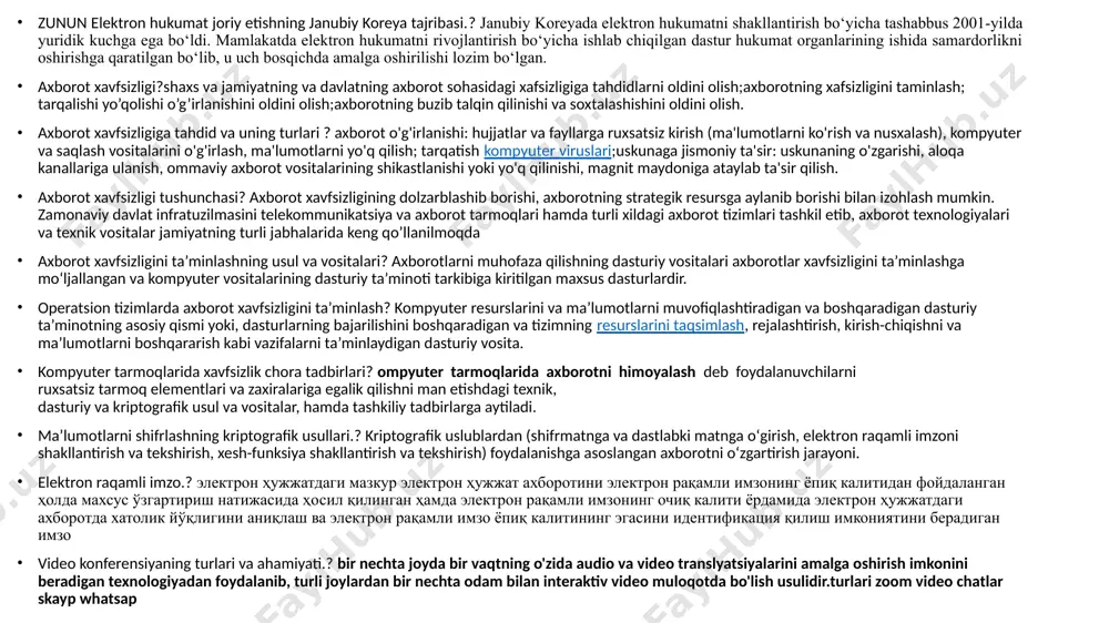 osqichlari. ? zunun elektron hukumat joriy etishning janubiy koreya tajribasi.? janubiy koreyada elektron hukumatni shakllantirish bo‘yicha tashabbus 2001-yilda yuridik kuchga ega bo‘ldi. mamlakatda elektron hukumatni rivojlantirish bo‘yicha ishlab chiqilgan dastur hukumat organlarining ishida samardorlikni oshirishga qaratilgan bo‘lib, u uch bosqichda amalga oshirilishi lozim bo‘lgan. axborot xavfsizligi?shaxs va jamiyatning va davlatning axborot sohasidagi xafsizligiga tahdidlarni oldini olish;axborotning xafsizligini taminlash; tarqalishi yo’qolishi o’g’irlanishini oldini olish;axborotning buzib talqin qilinishi va soxtalashishini oldini olish. axborot xavfsizligiga tahdid va uning turlari ? axborot o'g'irlanishi: hujjatlar va fayllarga ruxsatsiz kirish (ma'lumotlarni ko'rish va nusxalash), kompyuter va saqlash vositalarini o'g'irlash, ma'lumotlarni yo'q qilish; tarqatish kompyuter viruslari;uskunaga jismoniy ta'sir: uskunaning o'zgarishi, aloqa kanallariga ulanish, ommaviy axborot vositalarining shikastlanishi yoki yo'q qilinishi, magnit maydoniga ataylab ta'sir qilish. axborot xavfsizligi tushunchasi? axborot xavfsizligining dolzarblashib borishi, axborotning strategik resursga aylanib borishi bilan izohlash mumkin. zamonaviy davlat infratuzilmasini telekommunikatsiya va axborot tarmoqlari hamda turli xildagi axborot tizimlari tashkil etib, axborot texnologiyalari va …