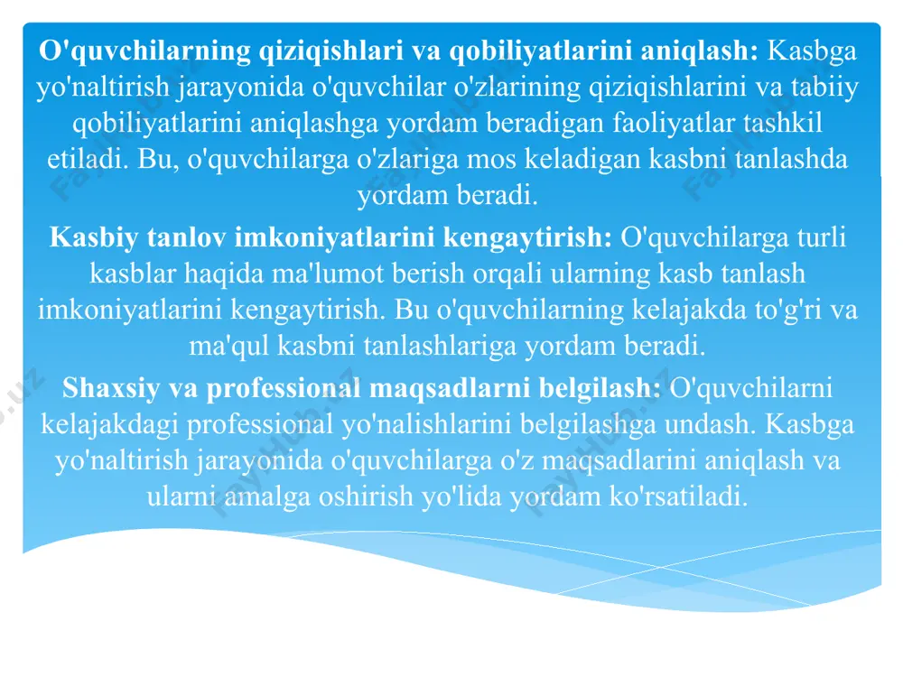 'naltirishda psixologik va pedagogik yondashuvlarni qo'llash, o'quvchilarning ijtimoiy va iqtisodiy ehtiyojlarini hisobga olish zarur. kasbiy yo'naltirishda bilimlar va ma'lumotlarning tahlil qilinishi va natijalari bo'yicha tavsiyalar berilishi kerak. 8. kompyuter va internet texnologiyalaridan foydalanish zamonaviy texnologiyalar kasbga yo'naltirishda muhim rol o'ynaydi. o'quvchilar turli kasb-hunarlar, ish joylari va ta'lim imkoniyatlari haqida internet orqali ma'lumot olishi mumkin. maxsus onlayn platformalar va kasbiy orientatsiya testlari orqali o'quvchilar o'z qiziqishlari va malakalariga mos keladigan kasbni aniqlashga yordam beradi. 9. kasbga yo'naltirishning individual yondashuvi har bir o'quvchi individualdir, shuning uchun kasbga yo'naltirishda har bir o'quvchining shaxsiy ehtiyojlari va imkoniyatlarini hisobga olish zarur. o'quvchilarga individual maslahatlar, testlar, va maxsus kurslar orqali ularning kasbiy qiziqishlarini aniqlash va rivojlantirishga yordam berish kerak. kasbga yo'naltirishning asosiy elementlari o'quvchilarga to'g'ri kasbni tanlashda yordam berish uchun bir-birini to'ldiruvchi vositalarni taqdim etadi. bu jarayon o'quvchilarga o'zlarini anglash, kelajakdagi faoliyatlarini rejalashtirish va muvaffaqiyatli kasb tanlash imkoniyatini yaratadi. o'quvchilarning qobiliyatlarini aniqlash o'quvchilarning qobiliyatlarini aniqlash, ularning …