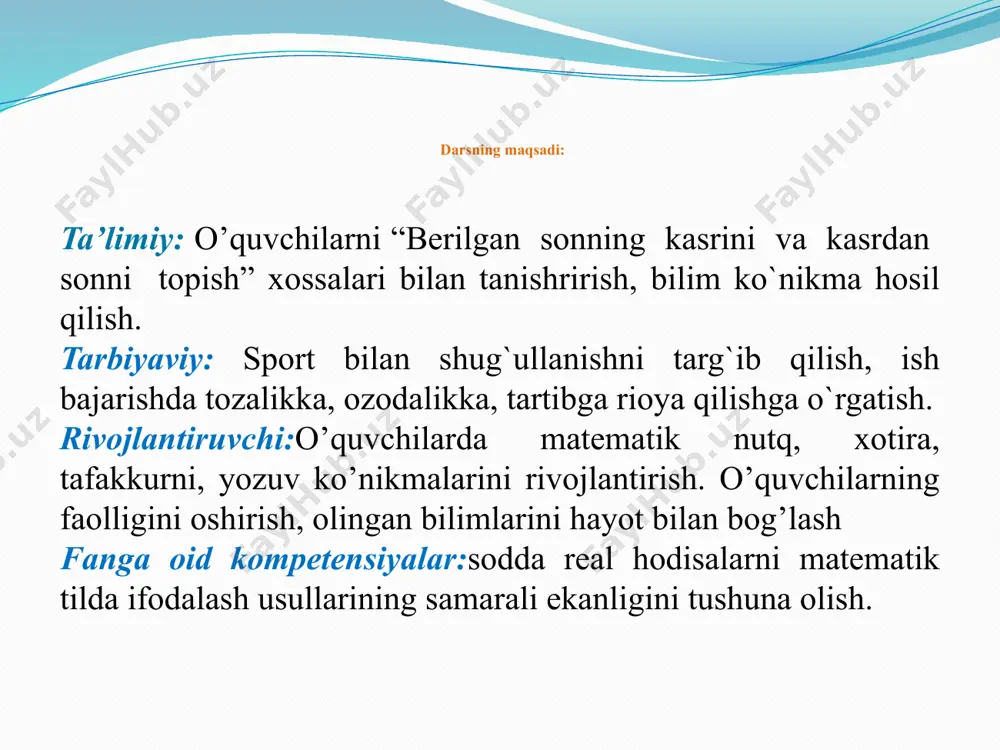 ■ 2 = 6sm. javob: 6sm. 2 b)kamola kesmaning — qismini bo‘yadi. agar bo‘yalgan qism 3 uzunligi 6 sm bo‘lsa, kesmaning umumiy uzunligi necha cm? 2 1 yechish: — bo‘lagi 6 sm bo‘lsa, — bo‘lagini topamiz: 3 3 6 sm : 2 = 3 sm; 1 ta bo‘lak uzunligi: 3 sm * 3 = 9 sm. javob: 9 sm 2-masala a) 5 kg. ? yechish: 5 * 2= 10 kg b) 2kg ? javob:2*3= 6 kg d) 2kg ? javob:2*4= 8 kg 3- misol kesmaning ___ qismi 40 mm bo‘lsa, uning 5 uzunligini toping va chizing. 40 : 4 = 10 10 * 5 = 50 javob : kesmaning uzunligi 50 sm 4 4 – misol kesmaning 3/4 qismi 9 sm bo‘lsa, uning uzunligini toping va chizing. 9 : 3 = 3 3 * 4 = 12 sm 9sm ? 5 – misol 4 dan 35 gacha sonlar ichidan 3 …