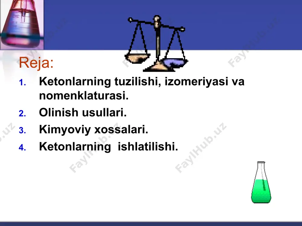 h-r1 oh ketonlarning kimyoviy xossalari * ketonlar faqat kuchli oksidlovchilar (kmno4yoki k2cr2o7)ta’sirida oksidlanadi. butanon-2 chumoli kislota sirka kislota propion kislota ketonlarning kimyoviy xossalari 1. almashinish reaksiyasi * r-c-r +pcl5 o r-c-r +pocl3 cl cl ishlatilishi: atseton yelim ishlab chiqarishda organik shisha kauchuk olishda erituvchi sifatida uyga vazifa c5h10o tarkibga ega bo‘lgan keton struktura formulalarini yozing va ularni nomlang. c6h13oh tarkibli berilgan spirtlardan qaysilarini oksidlash orqali ketonlar olish mumkin. 1) 2-etilbutanol-2; 2) 3-etilbutanol-2; 3) 2,3-dimetilbutanol-2; 4) 2,2-dimetilpropanol-1; 5) 3-metilpentanol-l; 6) pentanol-3 * etiboringiz uchun raxmat! c h 3 c h 2 c c h 3 o c h 3 c c h 3 o