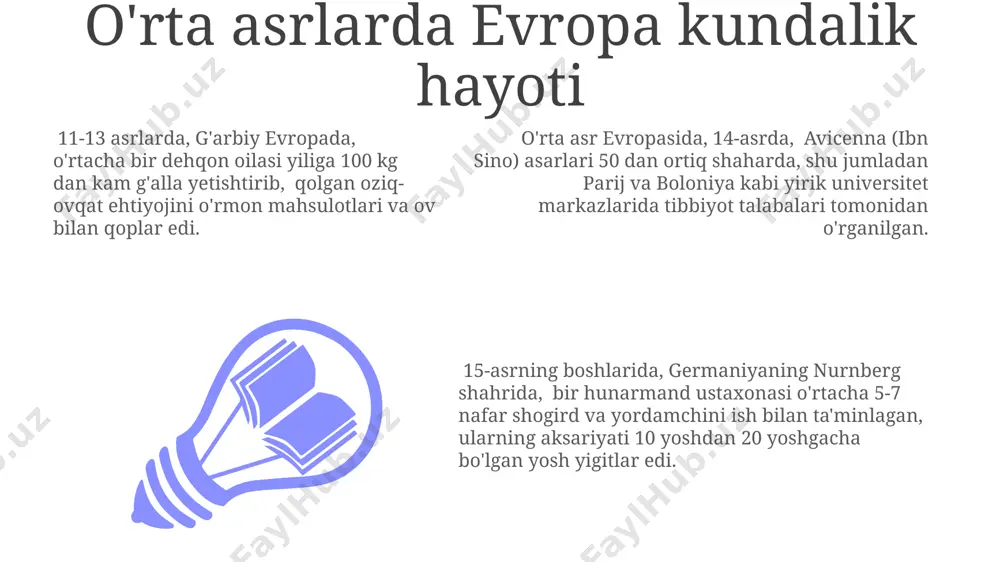 g qishloq joylarida, odamlar ko'pincha qishloq xo'jaligi ishlaridan keyin, taxminan 20% vaqtini musiqa, qo'shiq aytish va raqsga bag'ishlashgan. angliyada, 14-asrda, shaharlarda "maypole" bayramlari keng tarqalgan bo'lib, minglab odamlar qatnashgan, bu esa jamoaviy o'yin-kulgi va ijtimoiy munosabatlarni mustahkamlashga xizmat qilgan. germaniyaning ba'zi viloyatlarida 15-asrda, ayniqsa, qishki oylarda, odamlar 5-10 kishidan iborat guruhlarda kartalar o'yinlarini o'ynashgan, bu esa o'zaro muloqot va bo'sh vaqtni qiziqarli o'tkazish imkoniyatini bergan. qishloq hayoti o'rta asrlarda, taxminan 11-13-asrlarda, qishloq aholisining 90% dan ortig'i dehqonchilik bilan shug'ullanib, evropa qishloqlarida bug'doy, javdar va arpa kabi don mahsulotlarini yetishtirib, o'z ehtiyojlarini qondirishgan. g'arbiy evropa qishloqlari odatda 50 dan 100 gacha bo'lgan xo'jaliklarni o'z ichiga olib, yerlar feodal lordlar tomonidan taqsimlanib, dehqonlar ularga soliq to'lashgan. sharqiy evropaning ba'zi qishloqlarida, masalan, polsha yoki ukraina hududlarida, serflarning ko'pchiligi yillik 20-30 kunlik majburiy mehnat bilan lordlarga xizmat qilishgan. sog'liqni saqlash va tibbiyot o'rta asrlarda evropada, masalan, 14-asr parijida, odamlarning o'rtacha umr ko'rish davomiyati atigi …