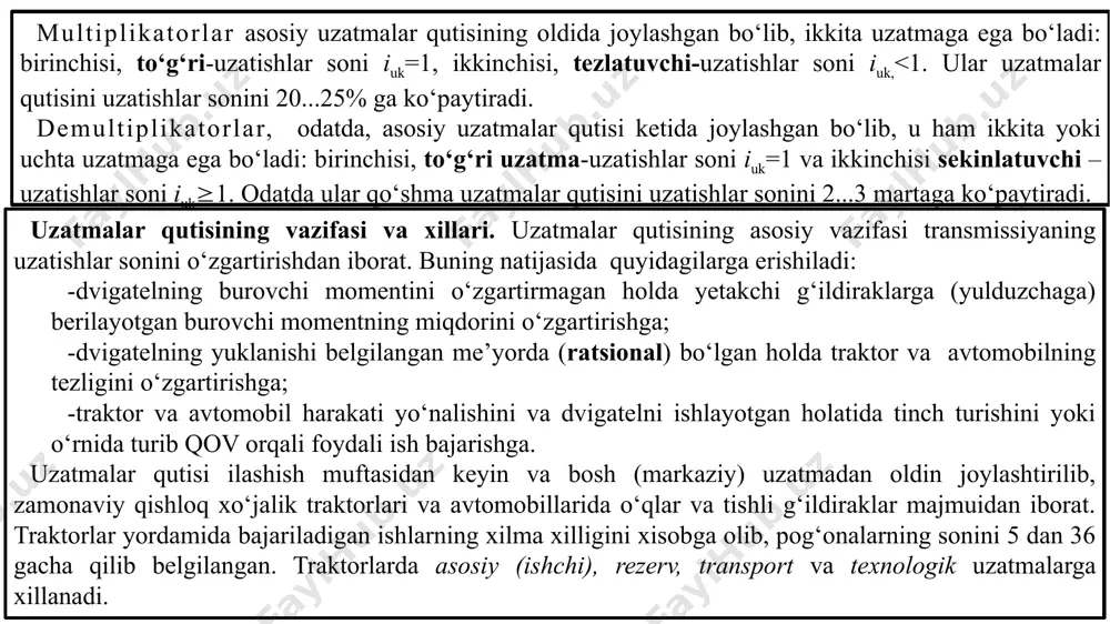 vchi kareta shesternyalari; 3-ikkilamchi o‘q; 4-shesternyalar. qo‘zg‘almas o‘qli va o‘qlari aylanuvchan uzatmalar qutisi. hozirda ko‘plab traktor va avtomobillarda qo‘zg‘almas o‘qli uzatmalar qutisi keng tarqalmoqda. o‘qlari aylanuvchi (planetar) uq, hozircha, burovchi momentni kuchaytirgichlar, yurishni sekinlatgichlarda qo‘llanilmoqda. shesternyalarning ilashishini eng sodda konstruksiyasi rasmda keltirilgan. birlamchi o‘q 1 ning shlitsasida karetka (qo‘shma shesternyalar) 2 o‘rnatilgan. ikkinchi o‘q 3 da shesternyalar 4 maxkam qilib o‘rnatilgan. uzatmalar karetka 2 ni shesternyalar 4 bilan ketma ket tutashtirish bilan olinadi. bu uzatishlar qutisini ikki o‘qli, bir yo‘lli deb ham aytish mumkin. unda faqat silindrsimon shesternyalar qo‘llanilgan. shesternyali ilashishning yana bir turida.birlamchi o‘qda shesternyalar 2,5 aloxida-aloxida erkin o‘tiradi. ikkilamchi o‘q 3 da shesternyalar 4 maxkam o‘rnatilgan. tishli mufta o‘rnatilgan shesternyali ilashish sxemasi rasmda keltirilgan. birlamchi o‘q, ya’ni birlamchi o‘q 1 aylaganda u bilan faqat tishli toj 4 aylanadi, shesternyalar 5,8 aylanmaydi. xarakat yetakchi o‘qda mufta 3 orqali tishli tojlar 7 va 4 lar birlashtiriladi. natijada xarakat shesternyalar, 5 …