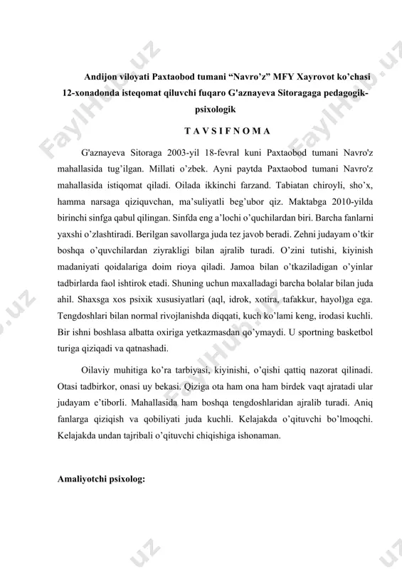'p sinflarning bilim saviyalari qoniqarli ekan men bularni ichida avvalo 3 - " b " sinf o ’ quvchisi nematova odinaga to'xtaldim. bu o ’ quvchi o'z ning bilim saviyasi xulq - atvori maktabdagi turli ma s h g’ ulotlarda va jamoat ishlarida faolligi bilan boshqa o ’ quvchilar d an ajralib turadi. ushbu sinfda o'quvchilar soni 30 tani; shulardan 1 7 tasi o'g'il va 1 3 tasi qiz bolalarni tashkil qiladi. ulardan y angi so'zlarni yod oldirib va ularni so'radim. bu jarayon davomida nematova odina faol ishtirok et di. men bu sinfga avvalambor o'qituvchiga bergan savollarga to'g'ri va aniq javobda ko'maklashdim. ushbu o ’ quvchi darslarda faol qatnash di. shu tufayli men bu o ’ quvchiga o'quv faoliyatiga yordam berishga undadim . xulosa qilib ayt adigan bo'lsam, menga mana shu 3 - " b " sinf o'qu vchisi nematova odina bilimi, o'zlashtirishi, shijoati va bilimga chanqoqligi bilan boshqalardan ajralib …