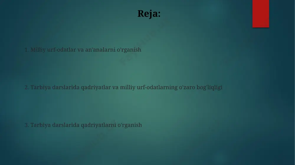 iruvchi", kabi 5-7 ta o'yinni qo'llash bolalarning jamoaviylik tuyg'usini va milliy qadriyatlarni o'zlashtirishini yaxshilaydi. tarbiya darslarida milliy urf-odatlarni o'rgatish metodlari tarbiya darslarida milliy urf-odatlarni o'rgatishda 5-10 yoshli bolalar uchun interaktiv o'yinlar, masalan, "an'anaviy liboslar tanlovi" yoki "milliy taomlar tayyorlash" kabi amaliy mashg'ulotlar samarali hisoblanadi. urf-odatlarni o'rgatishda, 3 bosqichli (tushuntirish, namoyish etish, amalda qo'llash) metodikasi qo'llanilib, har bir bosqichda turli didaktik materiallar (rasmlar, videolar, audio yozuvlar) dan foydalanish tavsiya etiladi. tarbiya jarayonida ota-onalar va jamoatchilikning roli ota-onalar va jamoatchilikning birgalikdagi harakatlari natijasida o'quvchilarning axloqiy-ma'naviy kamchiliklari 2 baravar kamayishi kuzatilganligi statistik ma'lumotlarda aks etadi. jamoatchilikning (maktab, mahalla, diniy tashkilotlar) tarbiyaviy dasturlarga 30% dan ortiq hissa qo'shishi, yoshlarning ijtimoiy moslashuviga ijobiy ta'sir ko'rsatadi. milliy urf-odatlar va an'analar: ta'rifi va turlari an'anaviy qadriyatlar (hurmat, mehr-oqibat, do'stlik kabi 7 ta asosiy qadriyat) milliy urf-odatlar va an'analar bilan uzviy bog'langan bo'lib, ular yoshlarning axloqiy-ma'naviy tarbiyasida muhim ahamiyatga ega. o'zbek milliy urf-odatlari va an'analarining 20 dan ortiq …