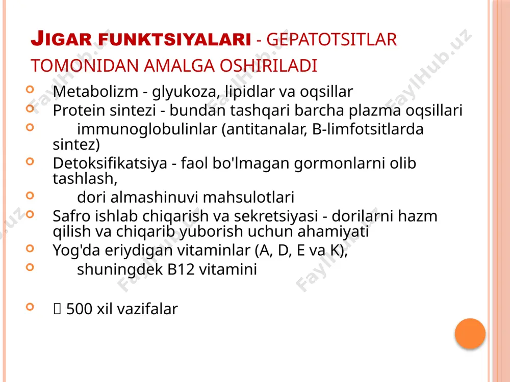 ri» ko'rinishida barmoqlarning o'zgarishi ginekomastiya gepatosplenomegaliya assit oshqozon ichak tizimi varikoz kengaygan venalaridan qon ketishi jigar ensefalopatiyasi laborator belgilari : anemiya (qon ketishi natijasida mikrositar, folat defisiti bilan bog'liq makrositar) pansitopeniya (gipersplenizm), giponatriemiya gipokaliemiya bilan bog'liq alkaloz glyukoza metabolizmining buzilishi gipoalbuminemiya. hbsag, anti-hbc, anti-hbs, s va d gepatitlarga antitela davolash qichishishni bartaraf etish uchun holestiramin 4 g ichishga ovqatdan keyin vitamin k 10 mg mushak orasiga kuniga 3 mahal (keyinchalik oyiga 1 marta). vitamin d 100 000 ed mushak orasiga har 4 hafta, plyus 1 g kalsiy ichishga osteoporozda vitamin a 25 000-50 000 ed har kuni 100 000 ed mushak orasiga har oyda, va sink 220 mg ichishga vitamin e 10 mg dozada mushak orasiga yoki ichishga har kuni. kortikosteroidlar, d-penisillamin, azatioprin ursodezoksiholat kislota kuniga 12-15 mg/kg ichishga jigar transplantasiyasi — kasallik terminal bosqichida image2.jpeg image3.png image4.png image5.jpeg image6.jpeg image7.png image8.jpeg image9.jpeg image10.jpeg image11.jpeg image12.jpeg image13.jpeg image14.jpeg image15.png image16.png …