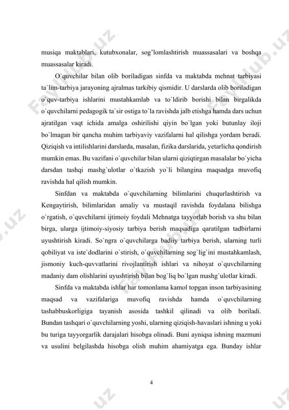ari nuqtayi nazaridan baholash kerak. kurs ishining maqsadi: mehnat tarbiyasini tashkil etish usullari va mazmuni,shakli va metodlarini aniqlash. kurs ishining ob’ekti: mehnat tarbiyasini tashkil etish mazmuni, shakli va metodlaridan foydalanish jarayoni. kurs ishining predmeti: komil insonni shakllantirishda mehnat tarbiyasi ishlarning mazmuni, shakli va metodlaridan foydalanish mazmuni. kurs ishining vazifalari: 1.mehnat tarbiyasini tashkil etish usullarining mazmuni, shakli va metodlaridan foydalanishning hozirgi holatini o’rganish. 2.mehnat tarbiyasi tashkil etish mazmuni, shakli va metodlaridan foydalanish omillarini aniqlash. 3.mehnat tarbiyasida maktab, oila va jamoatchilik hamkorligida bolalarni tarbiyalash shakl, metod va vositalarni belgilash. kurs ishining tarkibi: kirish, asosiy qism, xulosa va adabiyotlar ro’yxatidan iborat. i.bob komil insonni shakllantirishda tarbiyaning mohiyati va mazmuni o'rganish. 1.1. komil insonni shakllantirishda mehnat tarbiyasining mohiyati, maqsadi, vazifalari, shakl va metodlari. mehnat tarbiyasi o‘quvchilarga mehnatning mohiyatini chuqur anglatish, ularda mehnatga ongli munosabat, shuningdek, muayyan ijtimoiy-foydali harakat yoki kasbiy ko‘nikma va malakalarini shakllantirishga yo‘naltirilgan pedagogik faoliyat jarayoni bo‘lib, ijtimoiy tarbiyaning muhim tarkibiy qismlaridan …