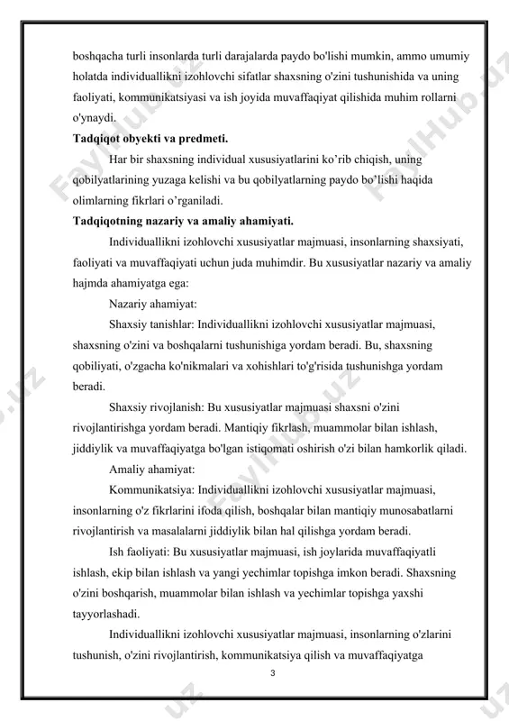 beradi. ish faoliyati: bu xususiyatlar majmuasi, ish joylarida muvaffaqiyatli ishlash, ekip bilan ishlash va yangi yechimlar topishga imkon beradi. shaxsning o'zini boshqarish, muammolar bilan ishlash va yechimlar topishga yaxshi tayyorlashadi. individuallikni izohlovchi xususiyatlar majmuasi, insonlarning o'zlarini tushunish, o'zini rivojlantirish, kommunikatsiya qilish va muvaffaqiyatga erishishlariga yordam beradi. bu xususiyatlar, shaxsni kamchiliklarni yengish, yangi ko'nikmalar olish va jamiyatda foydali ahamiyatga ega bo'lishga o'z hisobiga yordam beradi. kurs ishining tarkibi: ushbu kurs ishi kirish, 2 ta bob, 4ta reja va uning tarkibidagi xulosa va foydalanilgan adabiyotlar ro‘yxatidan iborat. shaxsning psixologik xususiyatlari qanday. shaxsning individual psixologik xususiyatlari psixologiya nafaqat psixik jarayonlar va holatlarning umumiy qonuniyatlari va qonuniyatlarini o'rganadi. biz hammamiz bir-biridan farq qiladigan, o'ziga xos va betakrormiz, shuning uchun insonning individual psixologik xususiyatlarini bilish barcha odamlarga xos bo'lgan psixikaning mexanizmlari va jarayonlaridan kam emas. ushbu sohani o'rganadigan psixologiya bo'limi differensial psixologiya yoki individual farqlar psixologiyasi deb ataladi. “begona qalb zulmatdir” degan naql bor. bu …