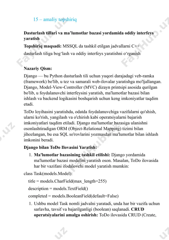h: barcha vazifalar ro'yxati ko'rsatiladi. o vazifani yangilash: foydalanuvchi vazifaning holatini o'zgartirishi mumkin. o vazifani o'chirish: vazifa o'chiriladi. 2. foydalanuvchi interfeysi (ui): django shablonlari yordamida oddiy va intuitiv foydalanuvchi interfeysini yaratish mumkin. html, css va javascript yordamida foydalanuvchiga vazifalarni qo'shish, ko'rish, yangilash va o'chirish imkoniyatlarini taqdim etish mumkin. pythonda django todo loyihasini yaratamiz login oynasi registratsiya oynasi regisrtatsiyadan utamiz va bu bizning malumotlar bazamizga qushildi uzimiz uchun yangi todo yaratish oynasi qushildi xulosa: django yordamida todo loyihasini yaratish, foydalanuvchi uchun oddiy interfeys yaratish va ma'lumotlar bazasi bilan samarali ishlash imkonini beradi. django orm tizimi ma'lumotlar bilan ishlashni osonlashtiradi va ma'lumotlar bazasiga bog'lanishni ancha soddalashtiradi. todo loyihasini yaratish orqali, siz django dasturlash ramkasi va uning imkoniyatlari bilan tanishasiz, shuningdek, ma'lumotlar bazasi, crud operatsiyalari va foydalanuvchi interfeysini yaratish jarayonlarini o'rganasiz. bu tajriba web- ilovalar yaratish uchun zarur bo'lgan asosiy texnologiyalarni o'z ichiga oladi, shu bilan birga real dunyoda foydalanishga tayyor bo'lgan to'liq …