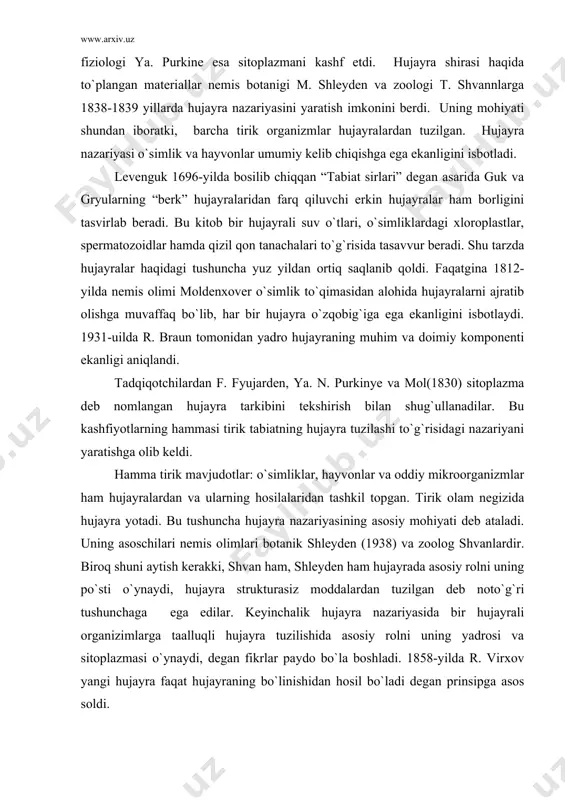 biroq shuni aytish kerakki, shvan ham, shleyden ham hujayrada asosiy rolni uning po`sti o`ynaydi, hujayra strukturasiz moddalardan tuzilgan deb noto`g`ri tushunchaga ega edilar. keyinchalik hujayra nazariyasida bir hujayrali organizimlarga taalluqli hujayra tuzilishida asosiy rolni uning yadrosi va sitoplazmasi o`ynaydi, degan fikrlar paydo bo`la boshladi. 1858-yilda r. virxov yangi hujayra faqat hujayraning bo`linishidan hosil bo`ladi degan prinsipga asos soldi. f.engels hujayra tuzilishi naqzariyasini o`tgan asr tabiatshunosligi (xix asr) sohasida ro`y bergan uch buyuk kashfiyot (energiyaning saqlanish qoidasi va ch. darvinning evolyutsion nazariyasi bilan birga) ning biri deb ta`rifladi. xix asr oxirlarida sitologiya fanini boyitadigan qator kashfiyotlar qilinadi. masalan, 1874-yilda chistyakov va 1875-yilda e. strasburger tomonidan mitoz bo`linish kashf etildi. shuningdek, 1875-yilda gerdvik kashf etgan urug`lanish hodisasi va altman, bendalar tomonidan hujayrada topilgan mitoxondriyalar muhim ahamiyatga egadir. keyinchalik v. i. belyaev 1898-yilda birinchi bo`lib reduksion (meyoz) bo`linishni e`lon qiladi. shu yili yirik rus olimi s. g. navashin tomonidan yopiq urug`li o`simliklarda qo`sh …