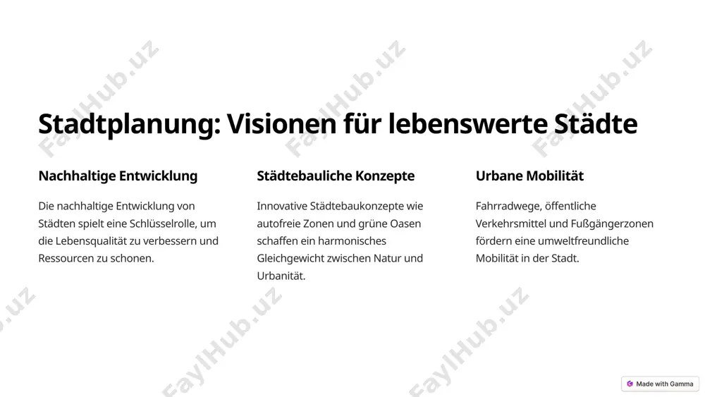 ine aktive mitgestaltung. 3 smart city eine smart city nutzt technologische innovationen, um herausforderungen zu lösen und das leben der bürger zu verbessern. 5 grüne städte: umweltschutz und lebensqualität 1 grüne dächer grüne dächer tragen zur verbesserung des stadtklimas, zur reduzierung der abwasserbelastung und zur biodiversität bei. 2 urbane gärten urbane gärten schaffen grüne oasen in der stadt und fördern die lebensmittelproduktion in städtischen bereichen. 3 nachhaltige mobilität elektrofahrzeuge und fahrradwege fördern eine umweltfreundliche mobilität und reduzieren die emissionen. 6 partizipation der bürger: mitgestaltung des stadtlebens 1 zukunftswerkstatt ein forum für ideen und diskussionen, um die stadtentwicklung aktiv mitzugestalten. 2 bürgerbeteiligung einbindung von bürgern in entscheidungen, die ihre lebensqualität betreffen. 3 dialogplattformen online-plattformen, die die kommunikation zwischen bürgern und behörden fördern. 7 fazit und ausblick: zukunft des stadtlebens städte sind dynamische orte, die sich ständig weiterentwickeln. durch innovative ideen, nachhaltige konzepte und aktive bürgerbeteiligung können wir die städte der zukunft …