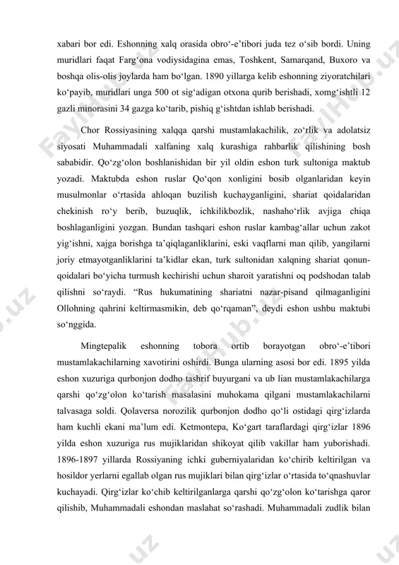i. qolaversa norozilik qurbonjon dodho qo‘li ostidagi qirg‘izlarda ham kuchli ekani ma’lum edi. ketmontepa, ko‘gart taraflardagi qirg‘izlar 1896 yilda eshon xuzuriga rus mujiklaridan shikoyat qilib vakillar ham yuborishadi. 1896-1897 yillarda rossiyaning ichki guberniyalaridan ko‘chirib keltirilgan va hosildor yerlarni egallab olgan rus mujiklari bilan qirg‘izlar o‘rtasida to‘qnashuvlar kuchayadi. qirg‘izlar ko‘chib keltirilganlarga qarshi qo‘zg‘olon ko‘tarishga qaror qilishib, muhammadali eshondan maslahat so‘rashadi. muhammadali zudlik bilan chorvador boy chibil bo‘lis hamrohligida qirg‘izlar maskaniga yetib keladi va bu yerda bo‘lajak qo‘zg‘olonning rejasi muhokama qilinadi. muhammadali qo‘zg‘olon rahnamosi bo‘lishiga kelishiladi. muhammadali eshon qo‘zg‘olonga puxta tayyorgarlik ko‘rish uchun murojaatnoma yozib, uni turli joylardagi o‘z vakillariga jo‘natadi. murojaatnomada rus bosqinchilariga qarshi qo‘zg‘olonga tayyorgarlik ko‘rilayotgani, xabar yetib kelgani zamon joylardagi vakillar mahalliy kishilarni ergashtirib tegishli joyga yetib kelishlari lozimligi bayon qilingan edi. mazkur qasamyodga mahalliy amaldorlar va obro‘-e’tiborli kishilardan o‘n ikki kishi muhrini bosgan. 1898 yil 14 may kuni kechqurun muhammadali eshon uyida kengash bo‘lib, unda farg‘ona viloyatining turli …