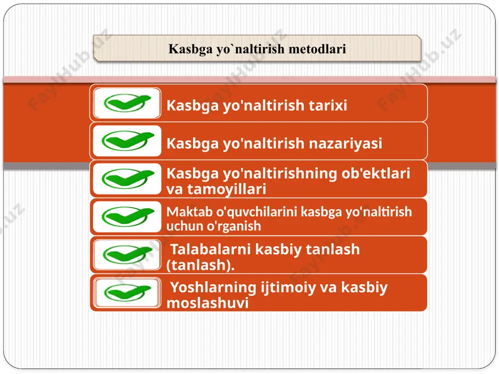 ufayli professional darajada tayyorlangan kotib mesopotamiya sivilizatsiyasining markaziy arbobi edi; u dalalarni o'lchashni, mulkni taqsimlashni, qo'shiq aytishni, cholg'u asboblarini chalishni bilardi. sinovlar davomida ular uning matolarni, metallarni, o'simliklarni tushunish qobiliyatini, shuningdek, to'rtta arifmetik amalni bilishini sinab ko'rdilar. marosimga ushbu lavozim uchun davlat imtihonlarini topshirishga jur’at etgan yoshlar atrofidagi tantanavorlik va ko‘r-ko‘rona muhit ko‘tarildi. xitoy jamiyatida bu imtihonlar deyarli bayram sifatida qabul qilingan. imperatorning o'zi tez-tez imtihon mavzusini berdi, shuningdek, abituriyentlarni ko'p bosqichli tanlovning yakuniy bosqichida bilimlarni to'g'ridan-to'g'ri sinovdan o'tkazdi. yuqorida aytilganlarga o'xshash juda ko'p ma'lumotlar mavjud va ularning barchasi hozirda professional diagnostika va professional tanlash deb ataladigan elementlarning paydo bo'lishining ancha erta davriga ishora qiladi. agar biz kasbiy diagnostika va kasb tanlashni kasbga yo'naltirish tizimiga kiritish to'g'risidagi hozirgi keng tarqalgan nuqtai nazardan kelib chiqadigan bo'lsak, kasbga yo'naltirish ancha oldin paydo bo'lgan deb aytishimiz mumkin. birinchi jahon urushi (1914-1918) kasbiy yaroqlilikni aniqlash zaruratining yanada kengayishiga sabab bo'ldi: bu harbiy ishlar uchun …