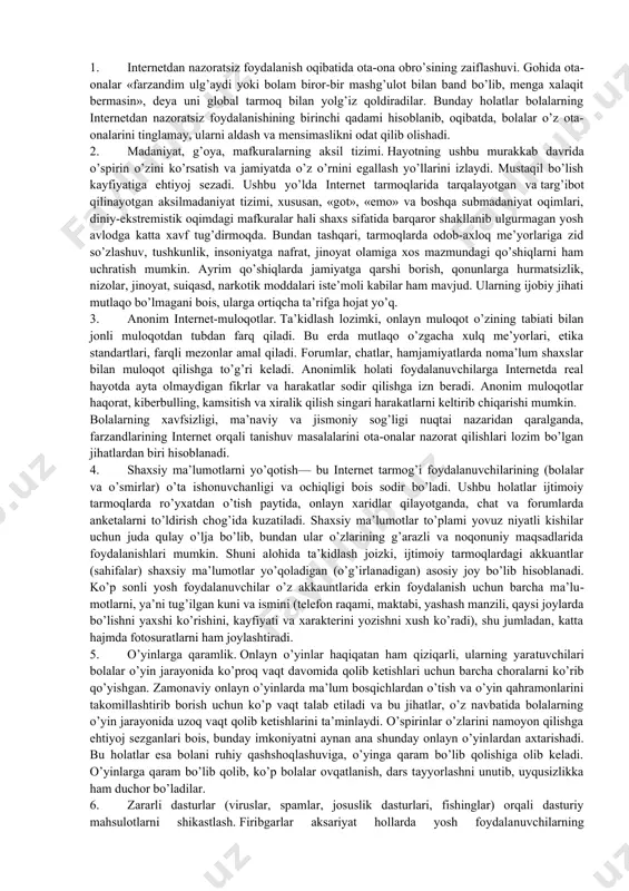 hun avvalambor ezgu insoniy g’oyalar bilan xalqimizning ongu tafakkurini va saviyasini yuksaltirish, jahon maydonida yuz berayotgan keskin aql-zakovat va iste’dod musobaqasida bellashuvga qodir bo’lishimiz shart. oavning mafkuraviy jarayonlar rivojiga o’ziga xos va kuchli ta’sir o’tkazayotganini quyidagi misolda ham ko’rish mumkin. ma’lumki, bugungi kunda internet ommaviy axborot va kommunikatsiya tizimining eng tez rivojlanib borayotgan bo’g’ini hisoblanadi. uning g’oyaviy kurash va targ’ibotning asosiy maydoniga aylanganini ekstremistik, shu jumladan, diniy ekstremistik qarashlarni targ’ib qilishdagi o’rni misolida ham ko’rish mumkin. diniy ekstremistlar va terrorchilarning internetdagi saytlarida tashkilotning maqsadi, tarixi hamda ijtimoiy-iqtisodiy, siyosiy mazmundagi ma’lumotlarga keng o’rin beriladi. jumladan, terrorchilar kuch ishlatish yo’liga o’tishga go’yoki majbur bo’lganlarini asoslashga, terror va qo’poruvchilik harakatlarini ma’naviy va axloqiy jihatdan oqlashga intilishadi, bunda o’zlarini “ozodlik kurashchilari”, “partizanlar”, “qarshilik ko’rsatuvchilar” deb atagan holda tinchlik tarafdori qilib ko’rsatishga va ular bilan kurashda hukumat tinch yo’l bilan harakat qilish lozimligini asoslashga intilish keng tarqalgan. ular o’z saytlarida hukumat tarafidan qo’llanilayotgan usullarning “vahshiyligini” …