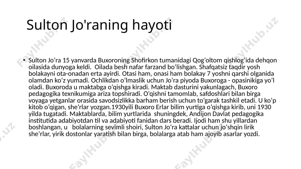 ik va fidokorlikka chaqiradi. ko‘pgina she’rlari “yosh kuch”, “kolxozchi bolalar” kabi gazeta va oynomalarda chop etilgan. uning ilk she’riy to‘plami 1938 yil “qo‘shiqlar” nomi ostida chop etilgan. tez orada, ketma-ket 1938 yil “tantana”, 1939 yil “she’rlar”, 1942 yil “bizning qurolimiz” va “bizning oila”, 1944 yil “sovg‘a” kabi to‘plamlari omma yuzini ko‘radi. sheʼriy toʻplamlar “ qoʻshiqlar ” (1938) “ tantana ” (1938) “ sheʼrlar ” (1939) “ bizning qurolimiz ” (1942) “ bizning oila ” (1942) “ sovgʻa ” (1944) quddus muhammadiy hayoti va ijodi q. muhammadiy — o‘zbekistonning yetakchi shoirlaridan biri, 1907 yil toshkentda dehqonlar oilasida tug‘ilgan. otasidan erta ayrilib, quddus bolalar uyida tarbiyalanadi. quddus, avvalgila qishloq xo‘jalik texnikumida, so‘ngra o‘rta osiyo davlat universitetining biologiya fakultetida tahsil olib, o‘qishini maktabdagi pedagogik faoliyati bilan uyg‘unlashtiradi. o‘z she’rlari bilan u bosmada 1935-1936 yillar paydo bo‘lgan. ulug‘ vatan urushi yillari muhammadiy samarqand viloyatining narpay tumanida taniqli o‘zbek shoiri islom shoirning qo‘lida kotib va …