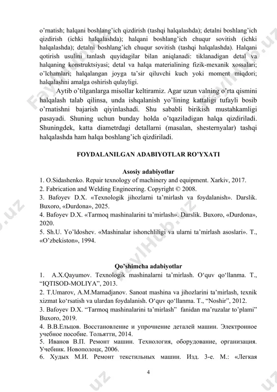 ish” fanidan laboratoriya ishlarini bajarish uchun uslubiy qo’llanma. buxoro 2024. 8. bafoyev d.x. “texnologik jihozlarni ta’mirlash va foydalanish” fanidan amaliy mashg’ulotlarni bajarish uchun uslubiy qo’llanma. buxoro 2024. internet saytlari 1. www.gov.uz – o’zbekiston respublikasi xukumat portali. 2.www.lex.uz – o’zbekiston respublikasi qonun hujjatlari ma’lumotlari milliy bazasi. asosiy foydalaniladigan saytlar: www.bmti.uz – bmti sayti; www.natlib.uz – a.navoiy milliy kutubxonasi sayti; www.kitob.uz – har xil kitoblar va entsiklopediyalar sayti; www.e-dastur.uz – elektron va video dasturlar sayti; www.edu.uz – o’zbekiston ta’lim portali; www.ref.uz – referatlar sayti; www.ziyonet.uz – ta’lim portali; chet tilida ma’lumot olish uchun mo’ljallangan saytlar: www.ebsco.com; www.produest.com; www.library.ru; www.tolearnenglish.com; www.usingenglish.com; www.techterms.com; www.onestopenglish.com; www.spclco.org. 6 image2.emf image3.png image1.png