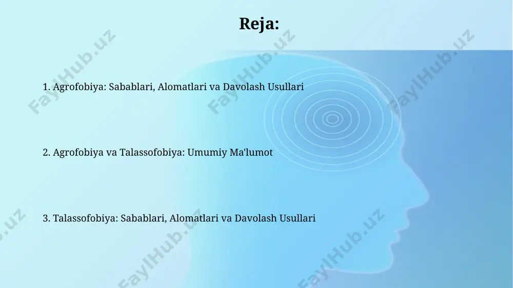 arni tomosha qilishdan saqlanib, o'zlarining qo'rquvini boshqarish uchun 5 dan ortiq turli xil usullarni qo'llaydilar. agrofobiya va talassofobiyaning farqlari agrofobiya ochiq maydonlardan, masalan, 300 dan ortiq odam toʻplangan katta maydonlardan qoʻrqishni, talassofobiya esa 200 metrdan chuqurroq okeanlar va dengizlarning kengligi bilan bogʻliq qoʻrquvni anglatadi. agrofobiya bilan ogʻrigan odamlar koʻpincha gavjum shaharlar, masalan, toshkent yoki samarqand kabi joylarda panikaga tushishadi, talassofobiya esa suv havzalari tasvirlangan 5 dan ortiq rasmlarga qarashda ham qoʻrquv uygʻotishi mumkin. talassofobiyaning davolash usullari talassofobiya davolashda kognitiv-xulq terapiyasi (kxt) samarali usul hisoblanadi, 8 dan 12 haftagacha davom etadi va bemorlarga suvdan qo'rqish mexanizmlarini tushunishga yordam beradi, masalan, aqshda keng qo'llaniladi. virtual reallik terapiyasi (vrt) talassofobiya davolashda qo'llaniladi, bemorlar suv bilan bog'liq virtual muhitlarda asta-sekin ta'sirlanishni boshdan kechiradilar, bu usul 5-10 seansdan iborat bo'lishi mumkin va londondagi klinikalarda qo'llaniladi. agrofobiyaning alomatlari agrofobiya bilan og'rigan 25-45 yoshdagi ayollarning 70%ida panik hujumlar, yurak urishi tezlashuvi va nafas olish qiyinchiliklari kabi jismoniy …
