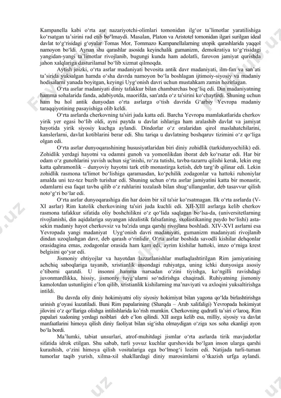 ay asarlarda kelajakka ishonchsizlik, hayotdan norozilik tuyg‘usi sezilib turadi. shu sababdan ham bu muammolardan xalos bo‘lish imkoni sifatida o‘lim mavzusi markaziy o‘rin tutgan. ularning nazarida o‘rta asrlar bekorga sarflangan umr, behuda ketgan yuzlab yillar sifatida qadrsizdir. o‘rta asrlarni faqat buzg‘unchilikdan iborat, antik davr madaniyati yutuqlarini chippakka chiqargan davr, deguvchilar ham ko‘plab topiladi. g‘arbiy “xristianlar dunyosi” “rim dunyosi”ning tanazzuli oqibatida emas, balki rim va varvarlar dunyolarining o‘zaro muvofiqlashuvi, birikishi natijasida yuzaga keldi. haqiqatan ham o’rta asrlar davri yemirilish, zo‘ravonlik va shafqatsizlik, antik dunyo madaniyati va sivilizatsiyasining ko‘plab yutuqlaridan foydalanmaslik kabi holatlarni boshdan kechirdi. ko‘plab antik davr shaharlari katta talafot ko‘rdi: ayrimlari buzib tashlandi, boshqalari savdo yo‘llari o‘z yo‘nalishini o‘zgartirishi sababli tanazzulga yuz tutdi. shunga qaramasdan, ilk o‘rta asrlardayoq ayrim sohalarda ijobiy o‘zgarishlar yuz bera boshladi. qullikning bekor qilinishi ijtimoiy taraqqiyotda tub o‘zgarishlar yasadi. antik davrda asosiy energiya manbayi, bu qullarning jismoniy kuchi bo‘lib, ushbu manba yo‘qolgach, boshqa imkoniyatlar qidirila boshlandi. agar …
