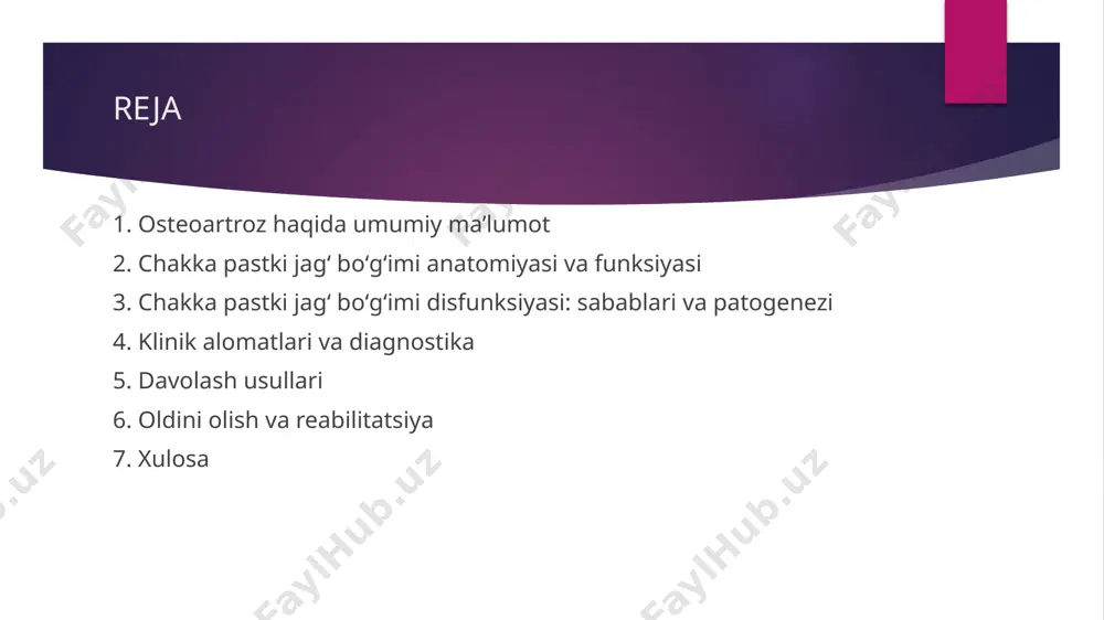 i bosqichlarda boʻgʻimda qattiqlik, harakatlarni cheklanishi, chayqalish va kriptaj his qilinadi. progreslashgan davrda esa pastki jagʻ harakatlari ancha chegaralanadi, boʻgʻim oʻz funksiyasini yoʻqotadi. doimiy yetarli davolash boʻlmasa, deformatsiya va doimiy ogʻriq yuzaga keladi, bu hayot sifatini pasaytirishi mumkin. klinik alomatlari cpjb disfunksiyasining asosiy belgilari quyidagilar: jagʻ harakatida ogʻriq, boʻgʻim sohasida shovqin, chayqalish, ogʻizni ochishda cheklov, bosh ogʻrigʻi va quloq sohasida diskomfort. bazida yuz va boʻyning boshqa sohalariga ogʻriq tarqalishi mumkin. odatda simptomlar asta-sekin kuchayadi va vaqt oʻtishi bilan bemorning kundalik hayot faoliyatiga ta’sir etadi. diagnostika usullari diagnostika bemorning shikoyatlari, anamnrez, va klinik koʻrik natijalariga asoslanadi. boʻgʻim harakatining chegaralanishi, ogʻriq nuqtalari va shovqinlarning mavjudligi aniqlanadi. qoʻshimcha sifatida rentgen, kt(mskt), mrt kabi tasviriy usullar qoʻllaniladi. shu bilan birga, funksional testlar va elektromiografiya diagnostikani toʻldiradi, kasallik bosqichini aniqlashda yordam beradi. boʻgʻim rentgenologik belgilar radiologik natijalarda chakka pastki jagʻ boʻgʻim sirtida togʻay qatlamining ingichkalashishi, suyak usti oʻsma (osteofitlar), boʻshliqlarning torayishi va ba’zan deformatsiyalar kuzatiladi. …
