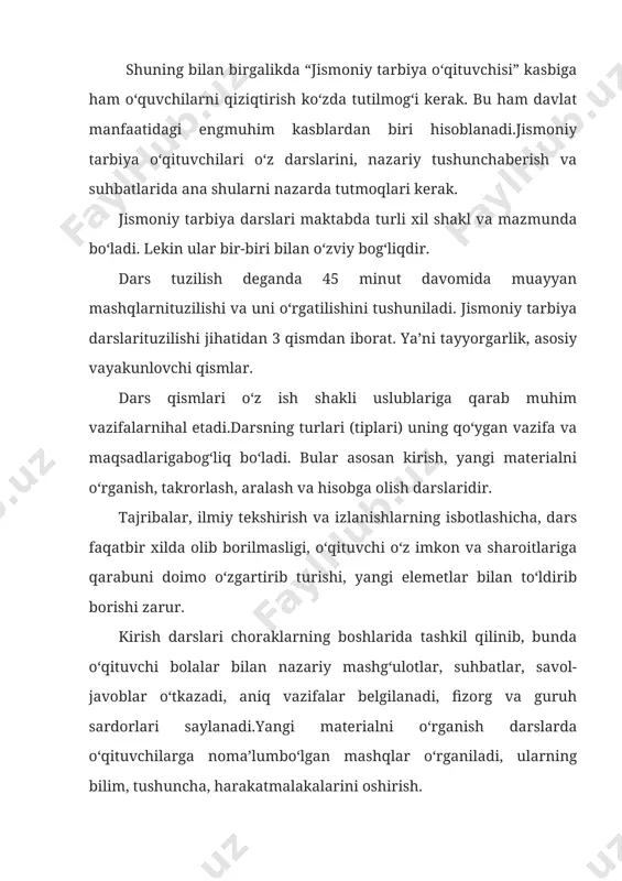 .3. joydan-joyga ko‘chish usullari.4. orani ochish va yaqinlashtirish. darsga tayyorgarlik deganda, birinchidan, dars konspektini yuqorisaviyada ishlab chiqib oqqa ko‘chirish va darsning muvaffaqiyatli o‘tishi uchun bevosita tayyorgarlik ko‘rish /darsni moddiy-texnik tomondan ta’minlanishi va o‘quvchilar, o‘qituvchi yordamchilari, navbatchilar, gruppa boshliqlarini tayyorlash/ nazarda tutiladi. shuning uchuntahlil qilayotganda quyidagilarga e’tibor berish tavsiya etiladi.i. dars konspektining muhayyoligi, uning har dars ish rejasigamuvofiqligi, aniq ishlab chiqilganligi va tashqi ko‘rinishi:a) dars vazifalarining dastur talablariga muvofiqligi, aniqligi,to‘g‘ri ifodalanganligi, har tomonlamaligi (shug‘ullanuvchilarninghar tomonlama va garmonik rivojlanishini ta’minlashi);b) konspekt mazmunida kerakli vositalarning to‘g‘ri tanlanishi(darsning tayyorgarlik, asosiy va yakunlovchi qismlarida vositalarning, shug‘ullanuvchilarning jismoniy rivojlanishi va jismoniytayyorgarlik darajasiga, tanlangan vositalarning dars vazifalarigamuvofiqligi dars vazifalariga vositalarning o‘zaro va mashg‘uloto‘tkaziladigan sharoitga muvofiqligi); d) mashqlarni miqdorlash va ularning ketma-ketligi; e) konspektning tashkiliy-uslubiy ko‘rsatmalari bo‘limida: 1. darsni tashkil etish; o‘tkazish metodikasi, sharoitlari bo‘yichaqanday ko‘rsatmalar berilgan, ularning to‘g‘riligi, maqsadgamuvofiqligi, ifodalanishi va hokazo misollar bilan tasdiqlanadi. 2. dars o‘tkazish joyi, o‘quv qurollari va anjomlarining tayyorligi va ularning sanitariya-gigiyena …