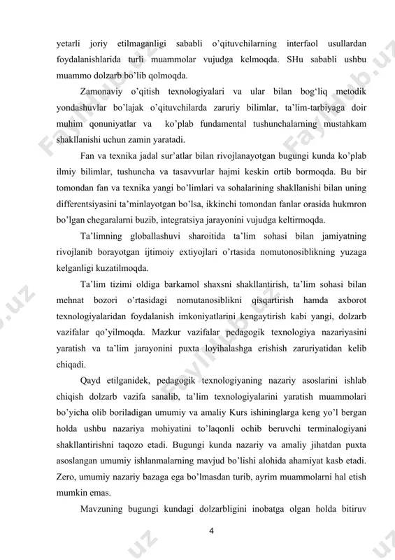 kni qisqartirish hamda axborot texnologiyalaridan foydalanish imkoniyatlarini kengaytirish kabi yangi, dolzarb vazifalar qo’yilmoqda. mazkur vazifalar pedagogik texnologiya nazariyasini yaratish va ta’lim jarayonini puxta loyihalashga erishish zaruriyatidan kelib chiqadi. qayd etilganidek, pedagogik texnologiyaning nazariy asoslarini ishlab chiqish dolzarb vazifa sanalib, ta’lim texnologiyalarini yaratish muammolari bo’yicha olib boriladigan umumiy va amaliy kurs ishininglarga keng yo’l bergan holda ushbu nazariya mohiyatini to’laqonli ochib beruvchi terminalogiyani shakllantirishni taqozo etadi. bugungi kunda nazariy va amaliy jihatdan puxta asoslangan umumiy ishlanmalarning mavjud bo’lishi alohida ahamiyat kasb etadi. zero, umumiy nazariy bazaga ega bo’lmasdan turib, ayrim muammolarni hal etish mumkin emas. mavzuning bugungi kundagi dolzarbligini inobatga olgan holda bitiruv malakaviy ishi mazusini “ta’lim modelini yaratish – zamonaviy ta’lim texnologiyasining asosiy talabi sifatida” deb tanlashga asos bo‘ldi. kurs ishining maqsadi: zamonaviy o’qitish sharoitida ta’lim modelini yaratishning dolzarbligini ilmiy-nazariy jihatdan asoslash va tashkiliy-pedagogik shart-sharoitlarini aniqlash. kurs ishining ob’ekti: zamonaviy ta’lim texnologiyasida ta’lim modelini yaratish jarayoni. kurs ishining predmeti: ta’lim …
