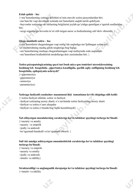 andozali. ~intuitiv va tahliliy} strukturaliligi va anglanganlik darajasiga ko‘ra tafakkur quyidagi turlarga bo‘linadi: {=intuitiv va tahliliy ~nazariy va empirik. ~nazariy va amaliy ~ijodiy va andozali} qaysi tafakkur psixologiyasi ijodiy tafakkur deb aytiladi. {=geshtalt psixologiya ~assotsiativ ~bixiveoristik ~vyursburg maktabi} qaysi tafakkur psixologiyasi obrazli bo‘lmagan tafakkur psixologiyasi deb ataladi {=vyursburg maktabi ~bixiveoristik ~assotsiativ ~geshtalt psixologiya} insayt-bu: {=muammoni xal etishning anglanishiga olib keluvchi muhim munosabatlar va vaziyat sturukturasini oldingi tajribalardan kelib chiqmagan va kutilmagan holda tushunish ~idrokning oldingi tajribalar va psixik faoliyatning umumiy mazmuniga va odamning individual xususiyatlariga bog‘liqligi ~turli yangiliklarni yaratish va tadbiq etish. ~amalga oshirilayotgan faoliyat samaradorligining kamayishi} narsa va xodisalarni muhim belgilariga ko‘ra xayolan birlashtirish bu-. {=umumlashtirish ~abstraksiyalash ~taqqoslash ~tahlil} tafakkur psixologiyasi ... o‘rganadi. {=tafakkur qanday amalga oshirishini, tafakkur faoliyatining tuzilishini, dinamikasini, kelib ~chiqish shart-sharoitlarini, buzilishini inson tafakkuri o‘ziga xosliklarini sintez ~tafakkurni ijtimoiy tarixiy jarayon sifatida, inson bilish imkoniyatlarining tarixiy taraqqiyoti sifatida ~informatsion jarayon sifatida} mavjud obrazlar yordamida yangilarini yaratish- …
